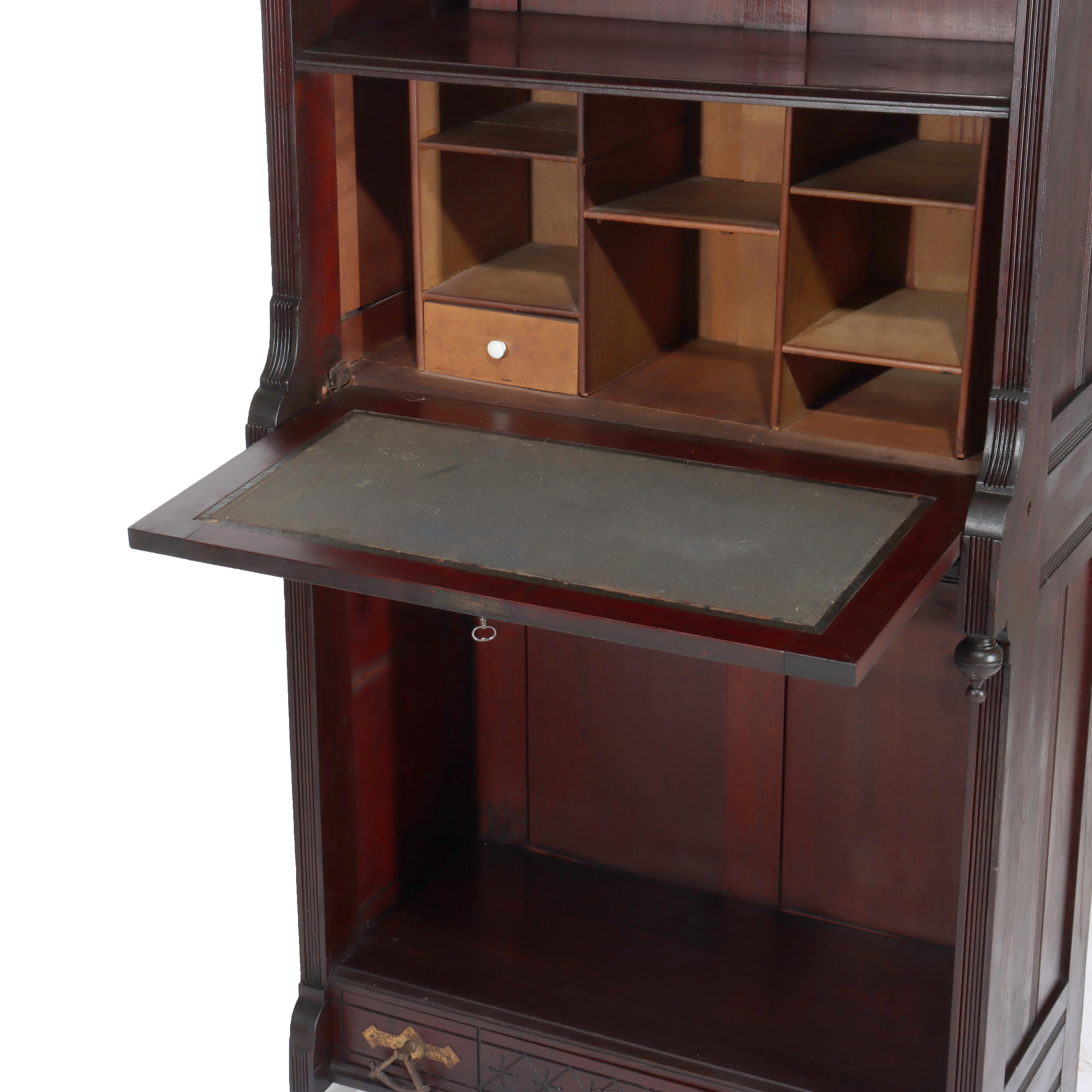 Aesthetic Movement Spoon Carved Ebonized Mahogany Secretary C1890 In Good Condition For Sale In Big Flats, NY