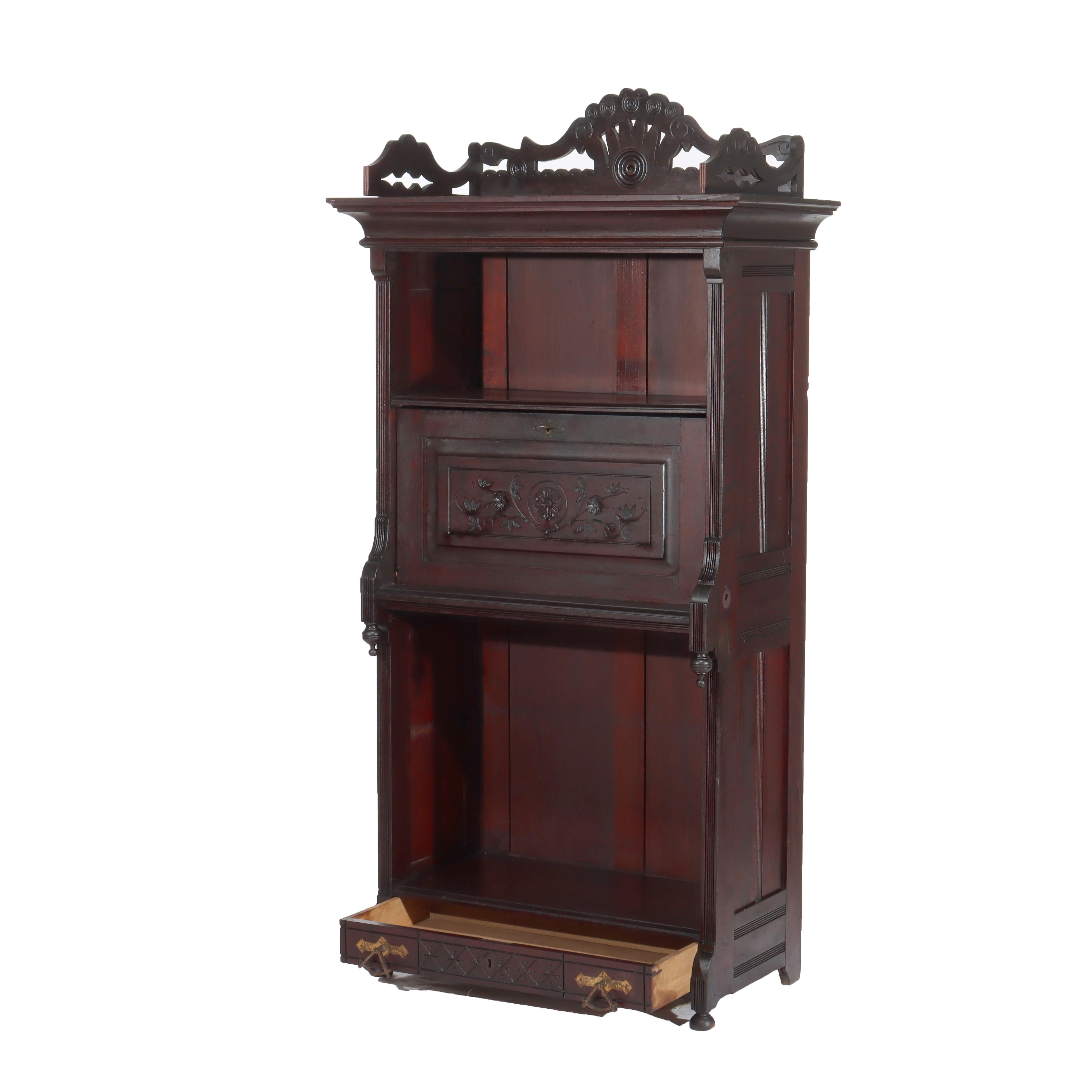 Aesthetic Movement Spoon Carved Ebonized Mahogany Secretary C1890 For Sale 5