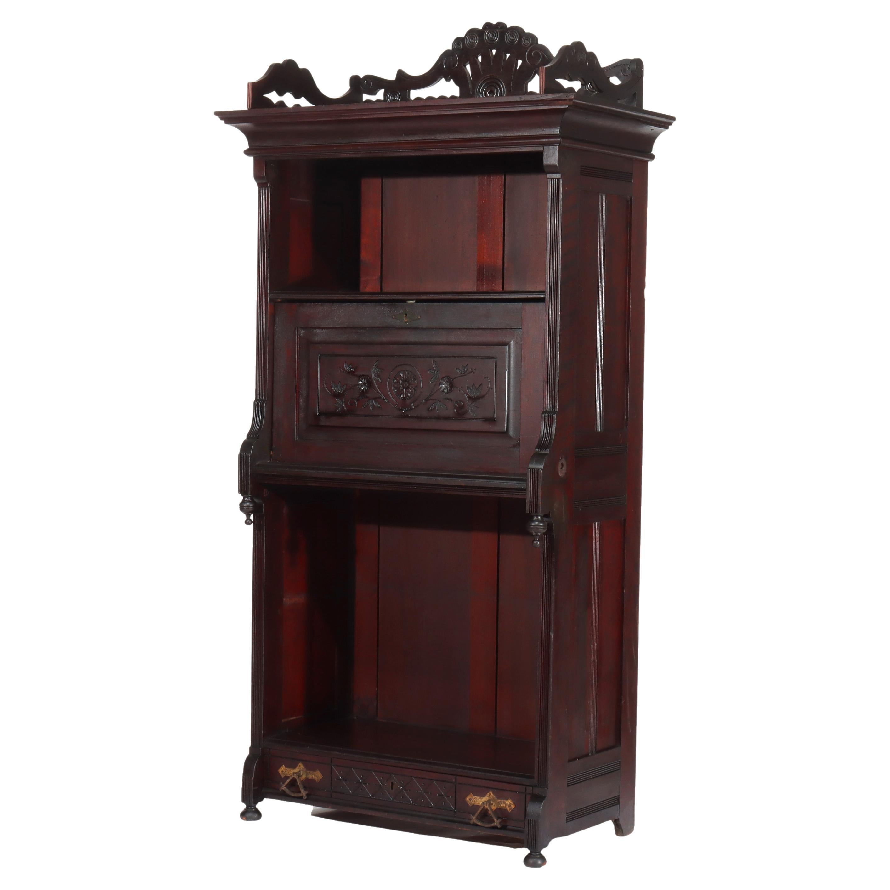 Aesthetic Movement Spoon Carved Ebonized Mahogany Secretary C1890 For Sale