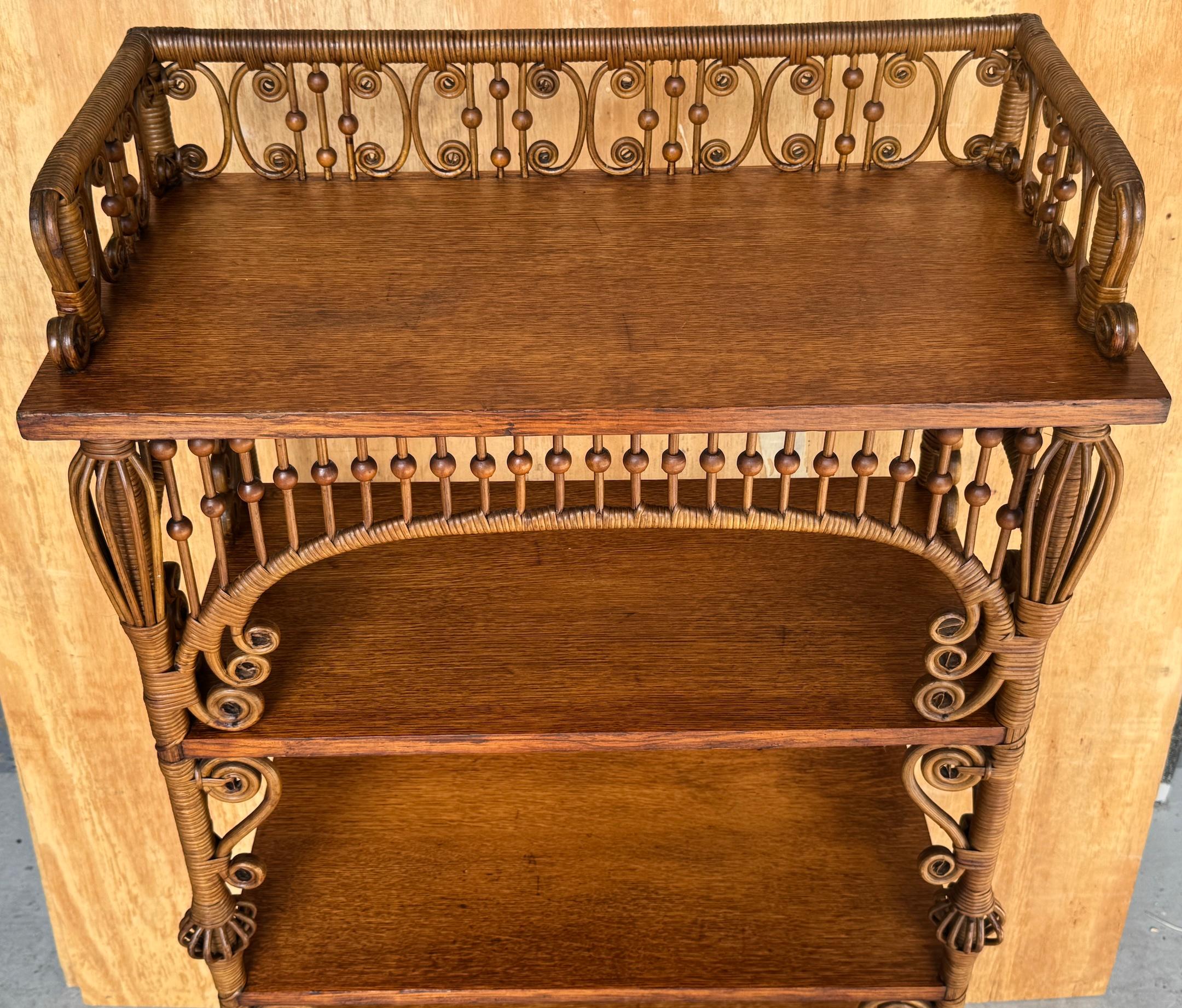Stained Aesthetic Movement Stick & Ball Wicker & Oak Bookcase/Shelf by Heywood Wakefield