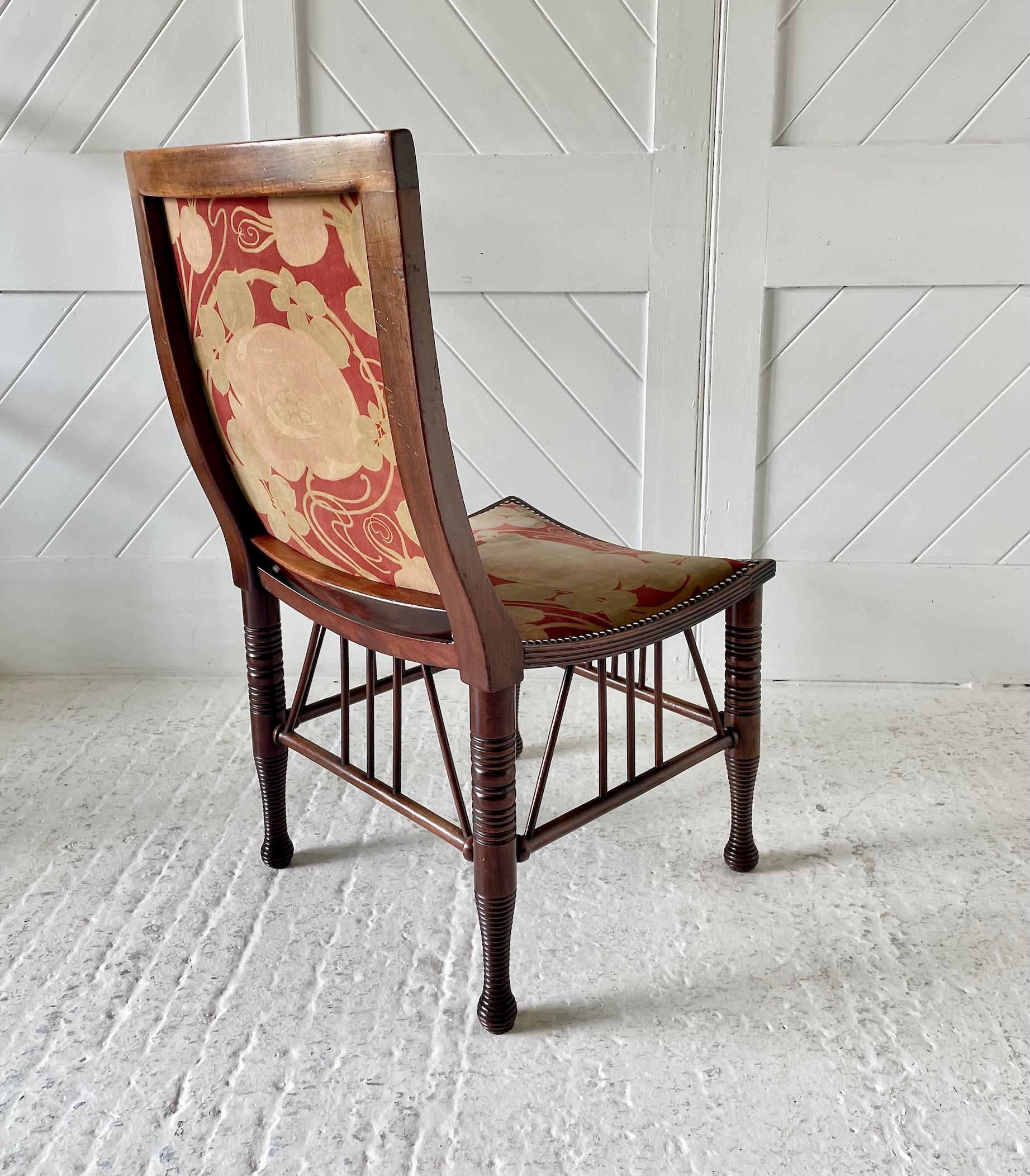 Thebes chair in Mahogany with original Liberty & Co cotton velvet fabric.

Liberty & Co

Circa 1895

Height 92cm. Width 49cm. Depth 55cm.  Seat Height 42cm