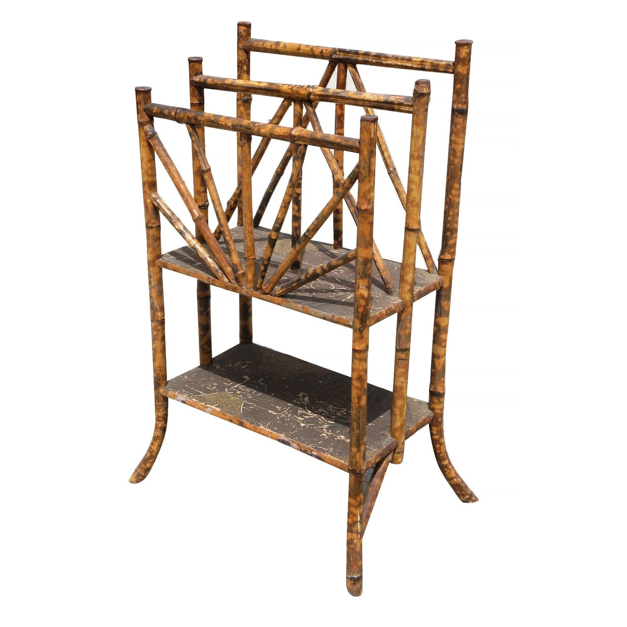 Late Victorian Aesthetic Movement Tiger Tortoise Bamboo Newspaper Rack w/ Shelf For Sale