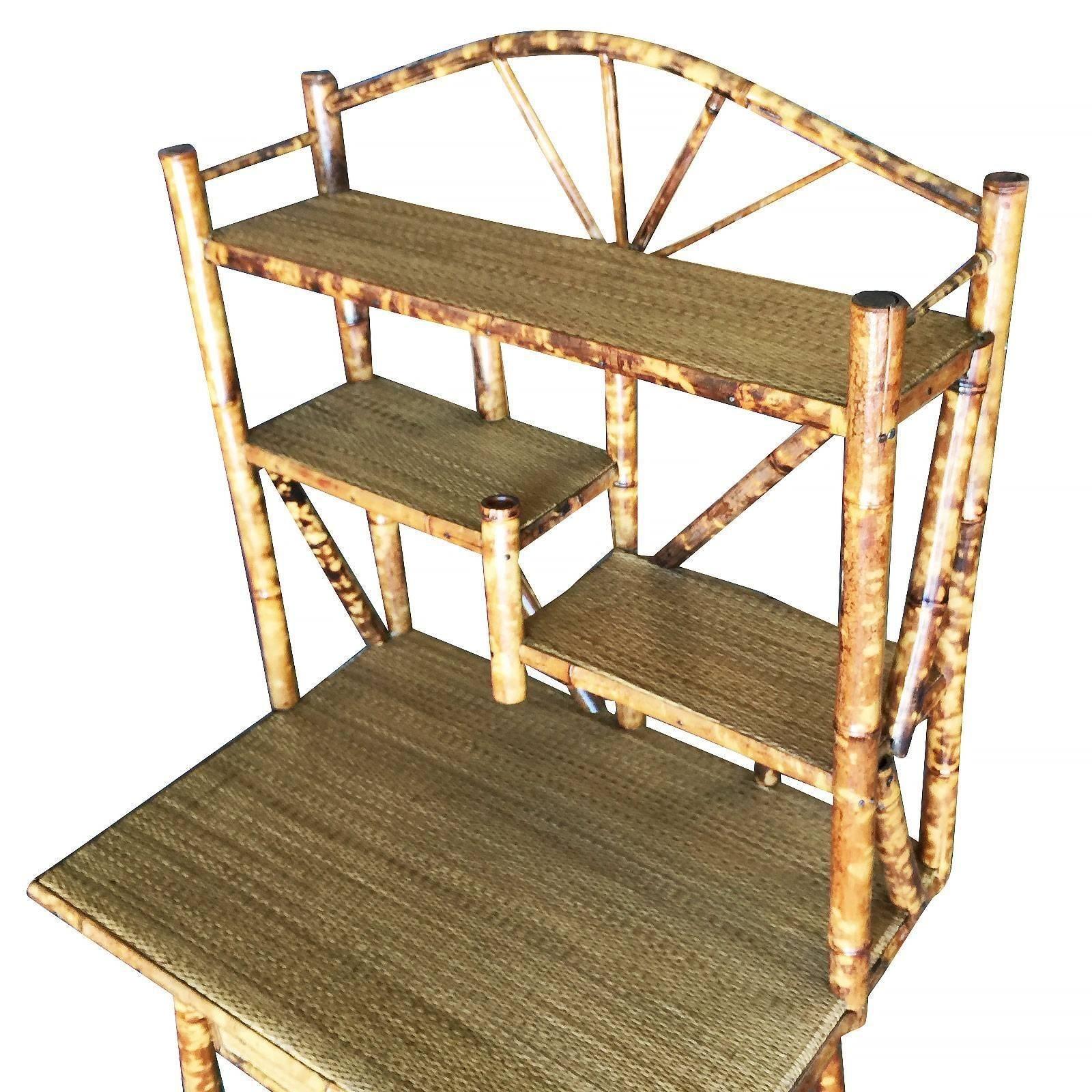 Early 20th Century Aesthetic Movement Tiger Tortoise Bamboo Secretary Desk With Rice Mat Shelves For Sale