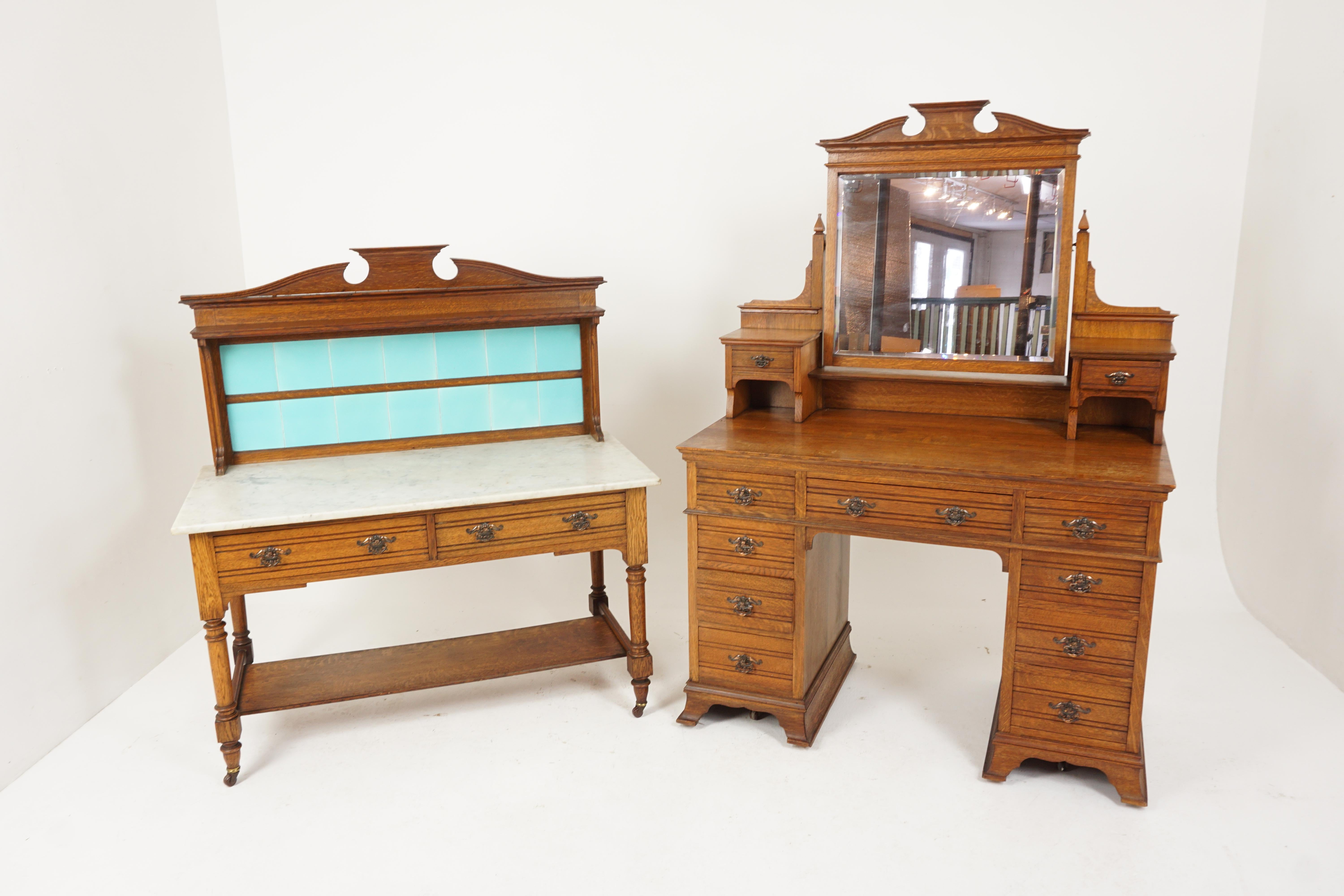 Aesthetic Movement Tiger Oak Vanity, Dresser, Maple & Co. London, England 1900, H538

England 1900
Solid Oak
Original finish
Shaped pediment on top
Beveled mirror below
Flanked by a pair of dovetailed drawers
Base with rectangular top
Three drawers