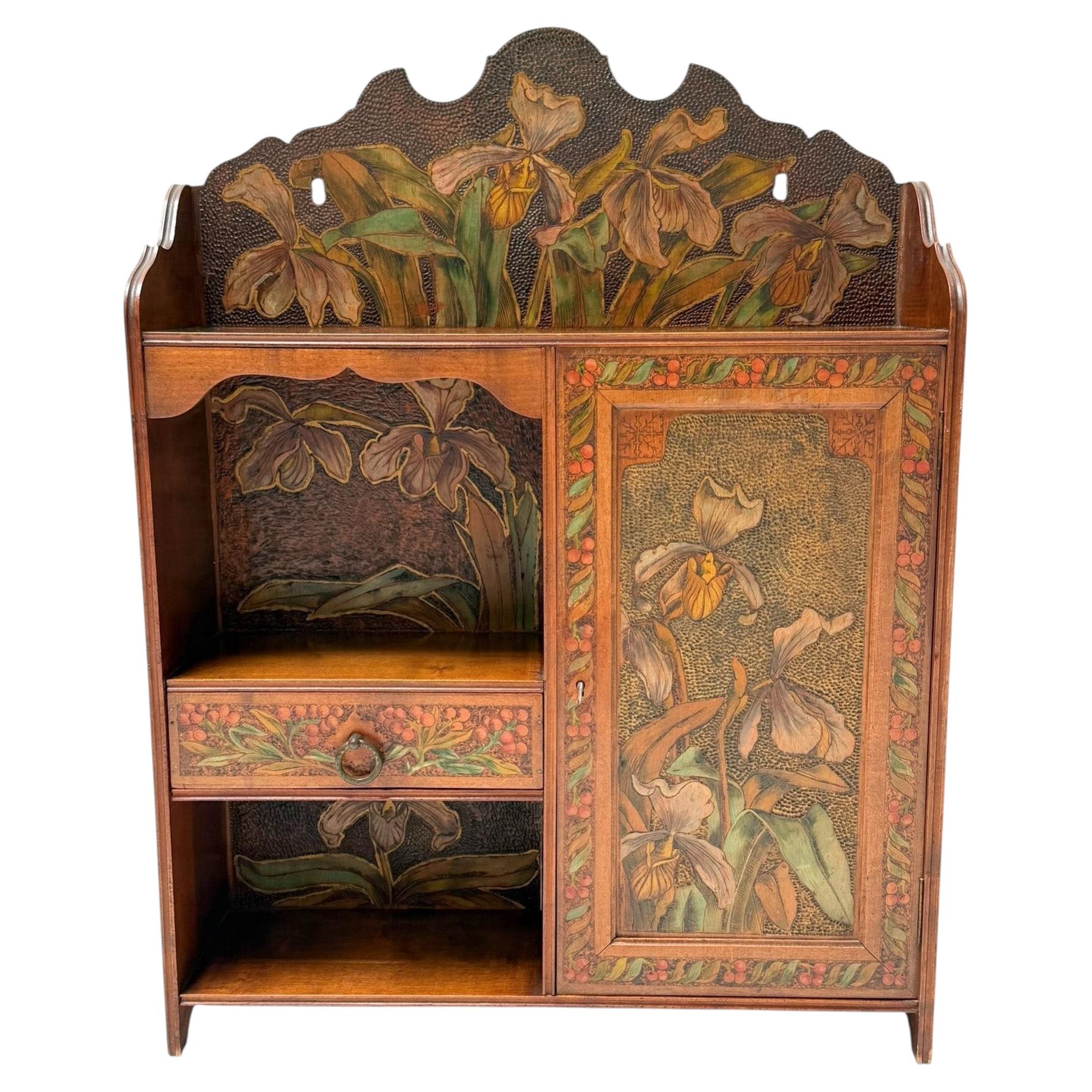 Aesthetic Movement Wall Cabinet, Hand-Painted Floral, Walnut, 1890s For Sale