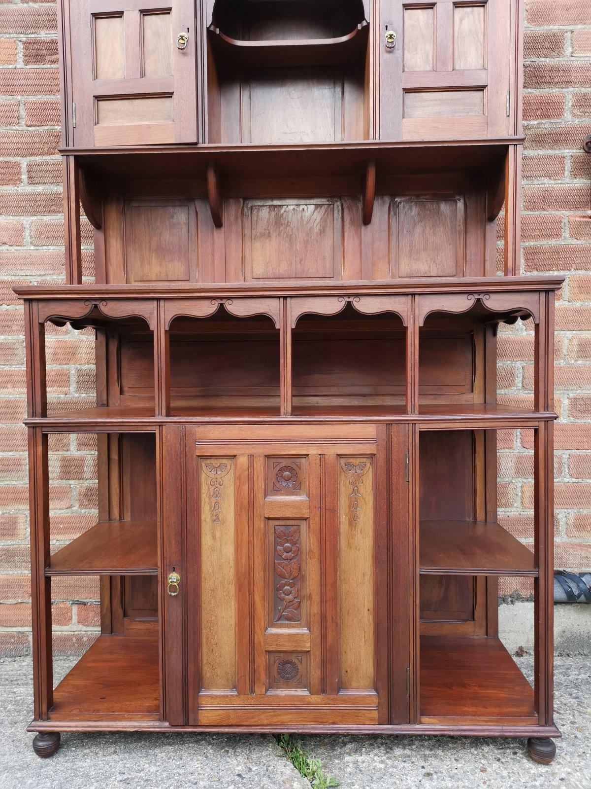Aesthetic Movement Walnut Cabinet of Architectural Form with Carved Decoration. For Sale 5