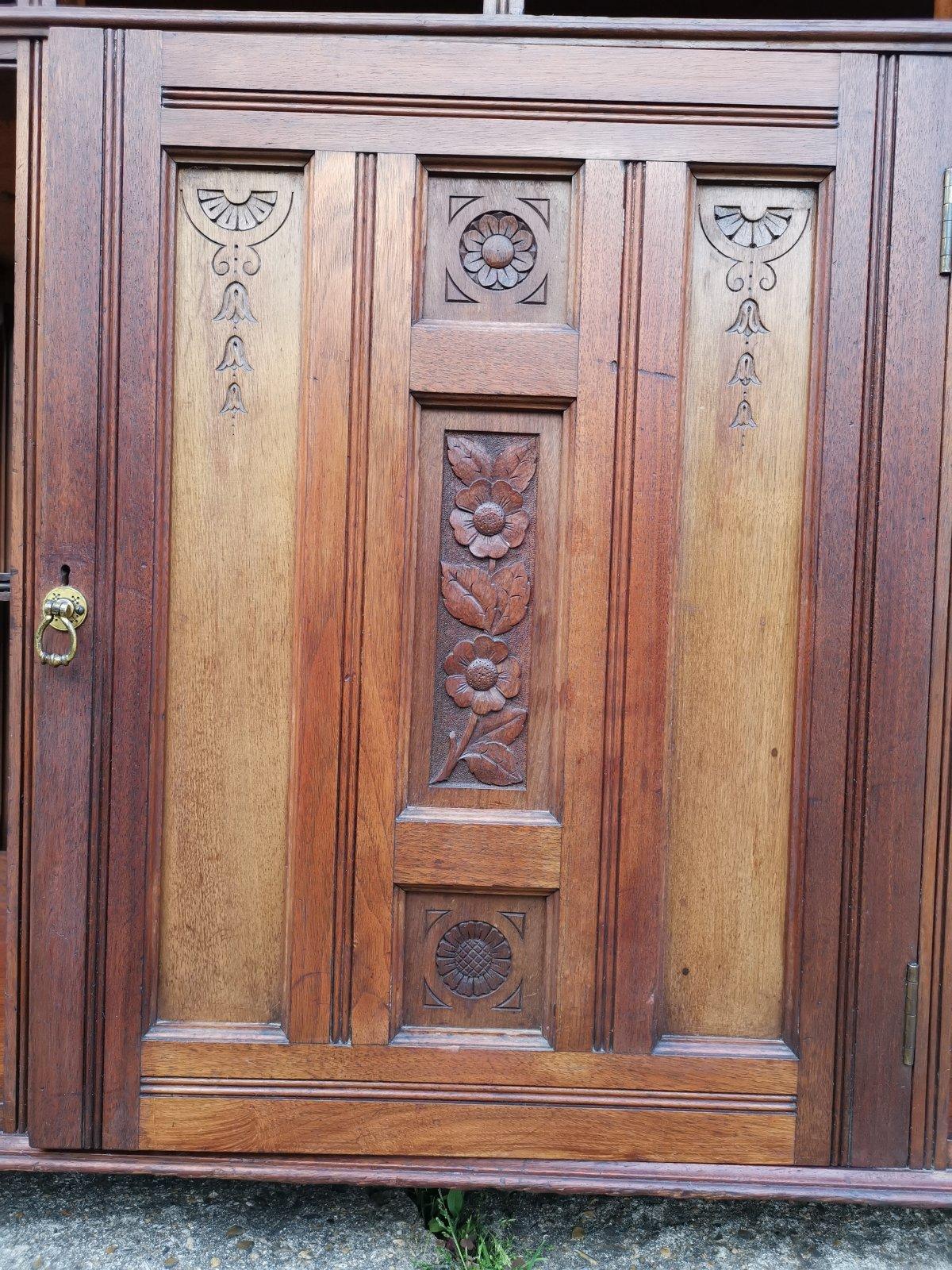 Aesthetic Movement Walnut Cabinet of Architectural Form with Carved Decoration. For Sale 6