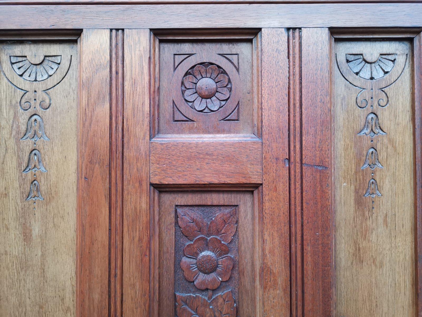 Aesthetic Movement Walnut Cabinet of Architectural Form with Carved Decoration. For Sale 7
