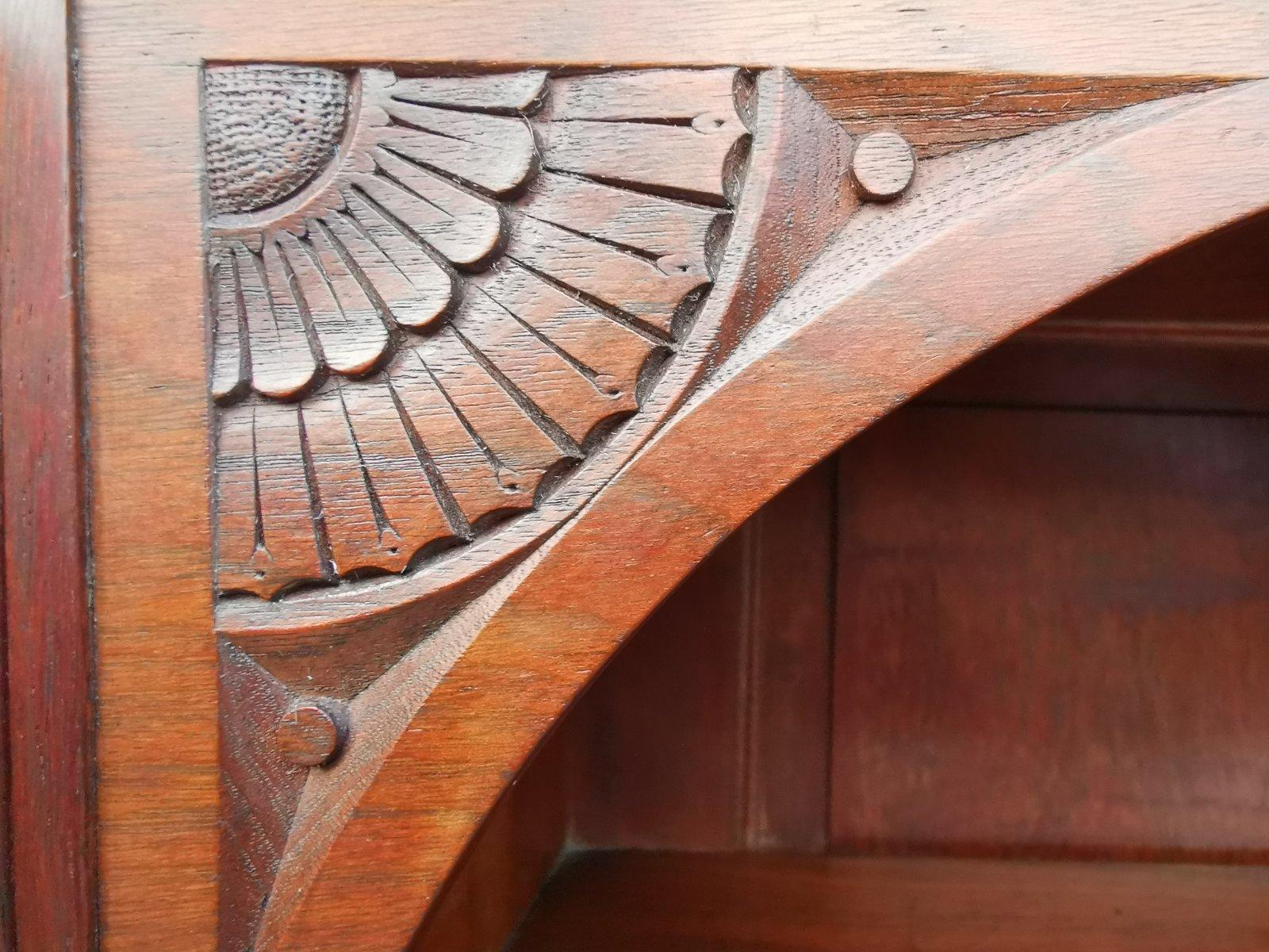 Aesthetic Movement Walnut Cabinet of Architectural Form with Carved Decoration. For Sale 1