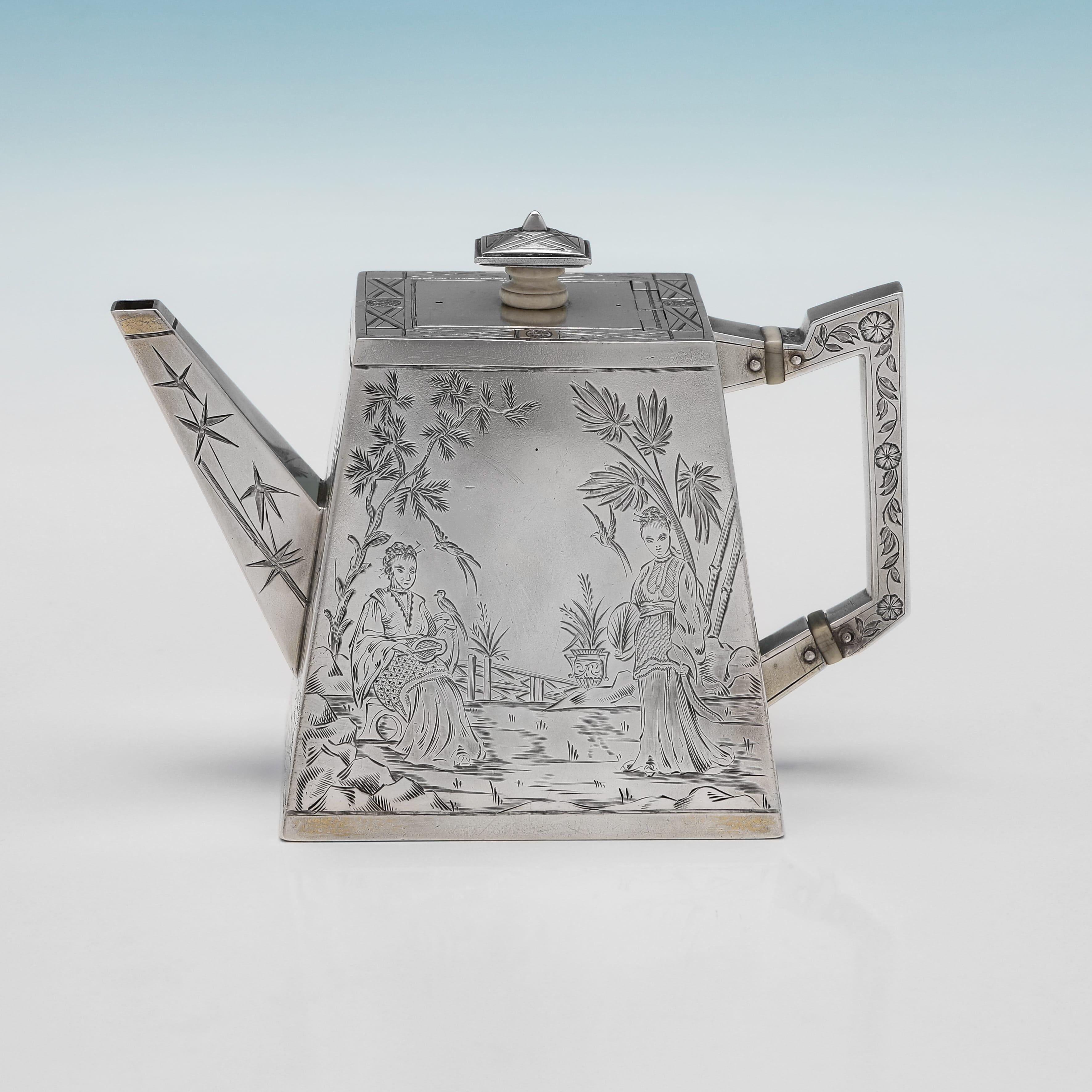 Aesthetic Movement Aesthetic period antique sterling silver 3 piece tea set made in London in 1876