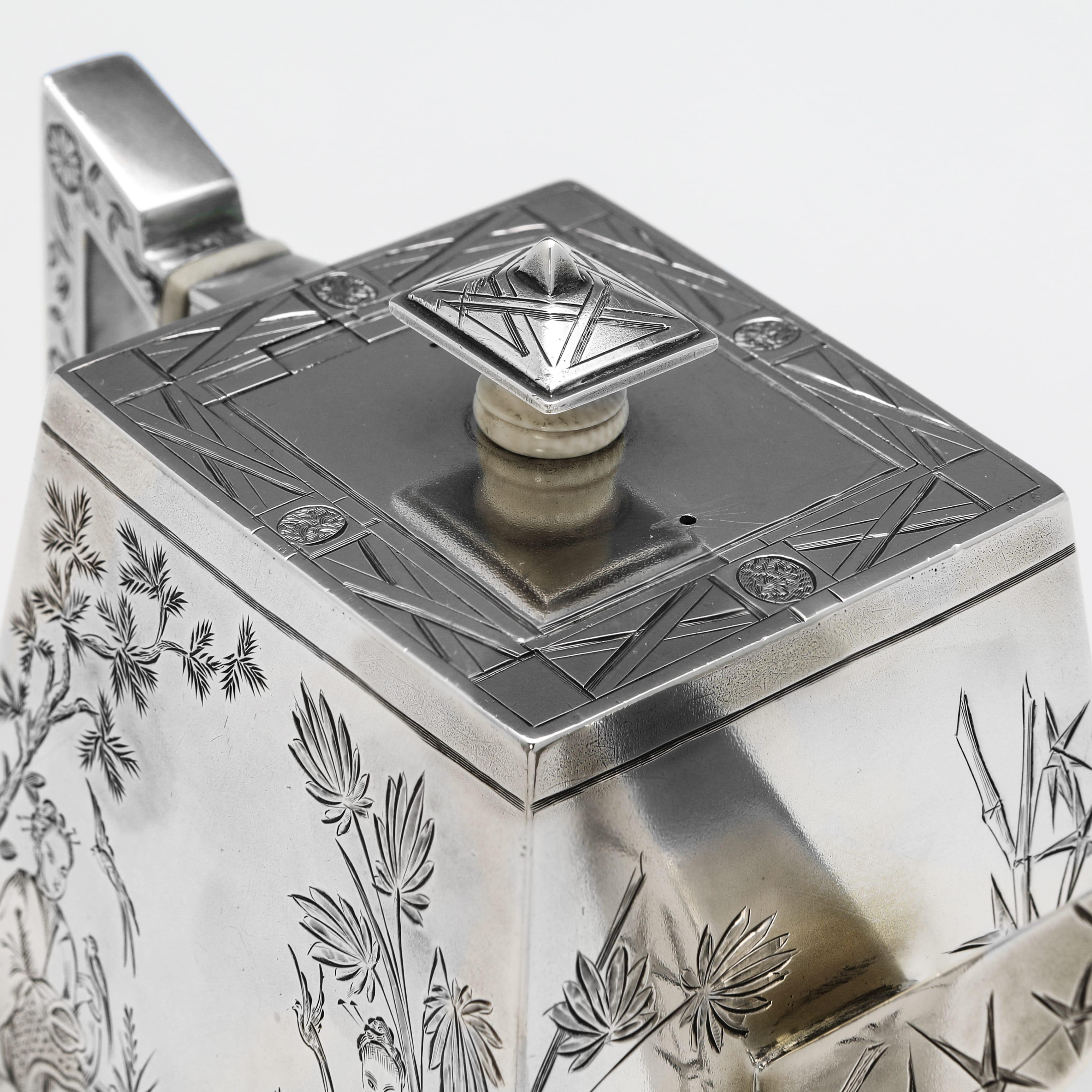 Late 19th Century Aesthetic period antique sterling silver 3 piece tea set made in London in 1876