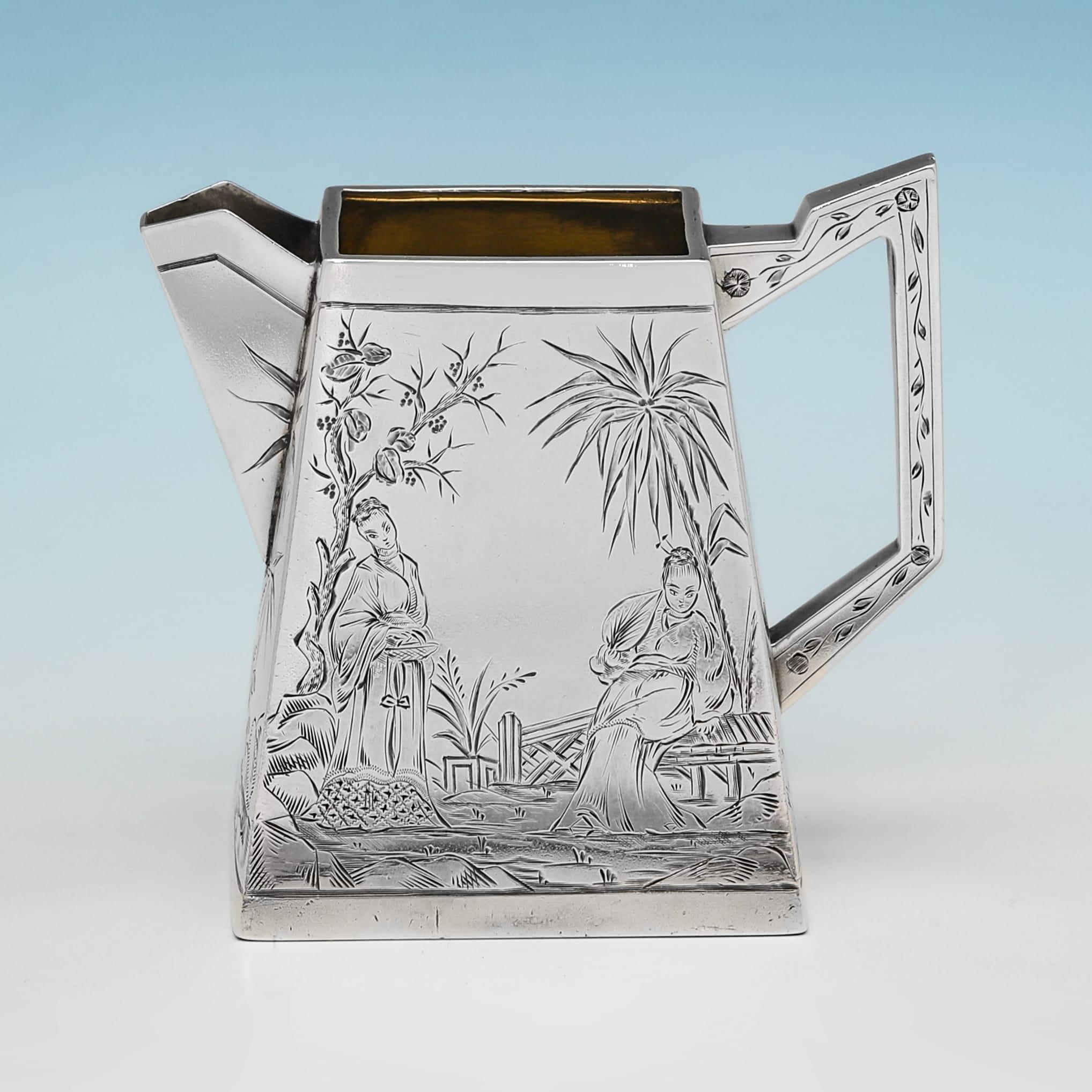 Aesthetic period antique sterling silver 3 piece tea set made in London in 1876 3