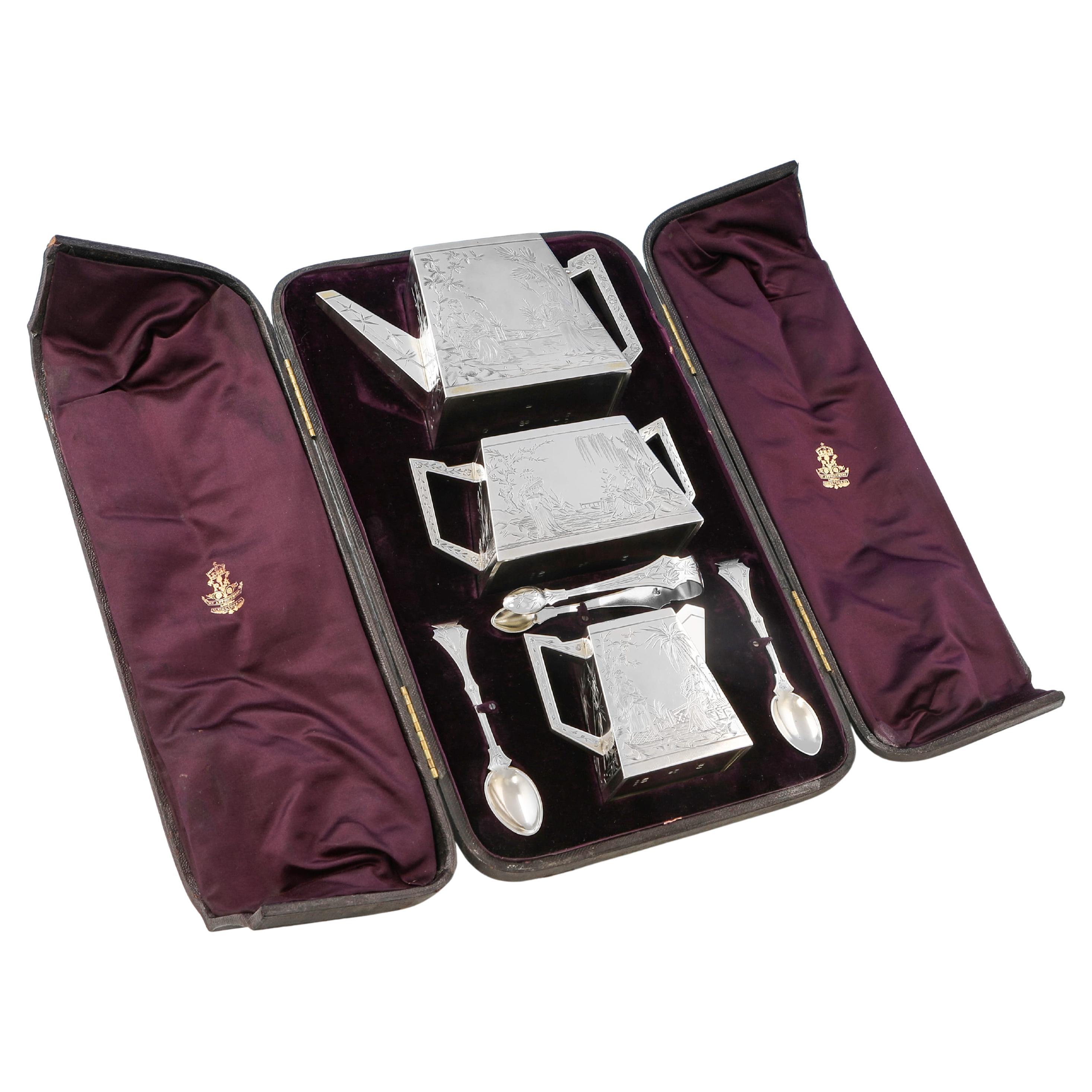 Aesthetic period antique sterling silver 3 piece tea set made in London in 1876