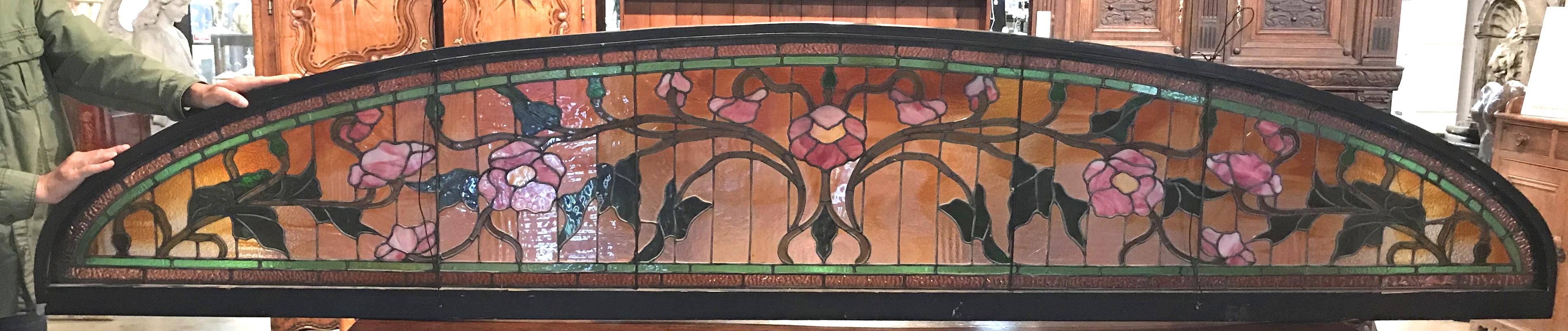 Wood Aesthetic Period Arched Foliate Stained Glass Window or Transom Panel