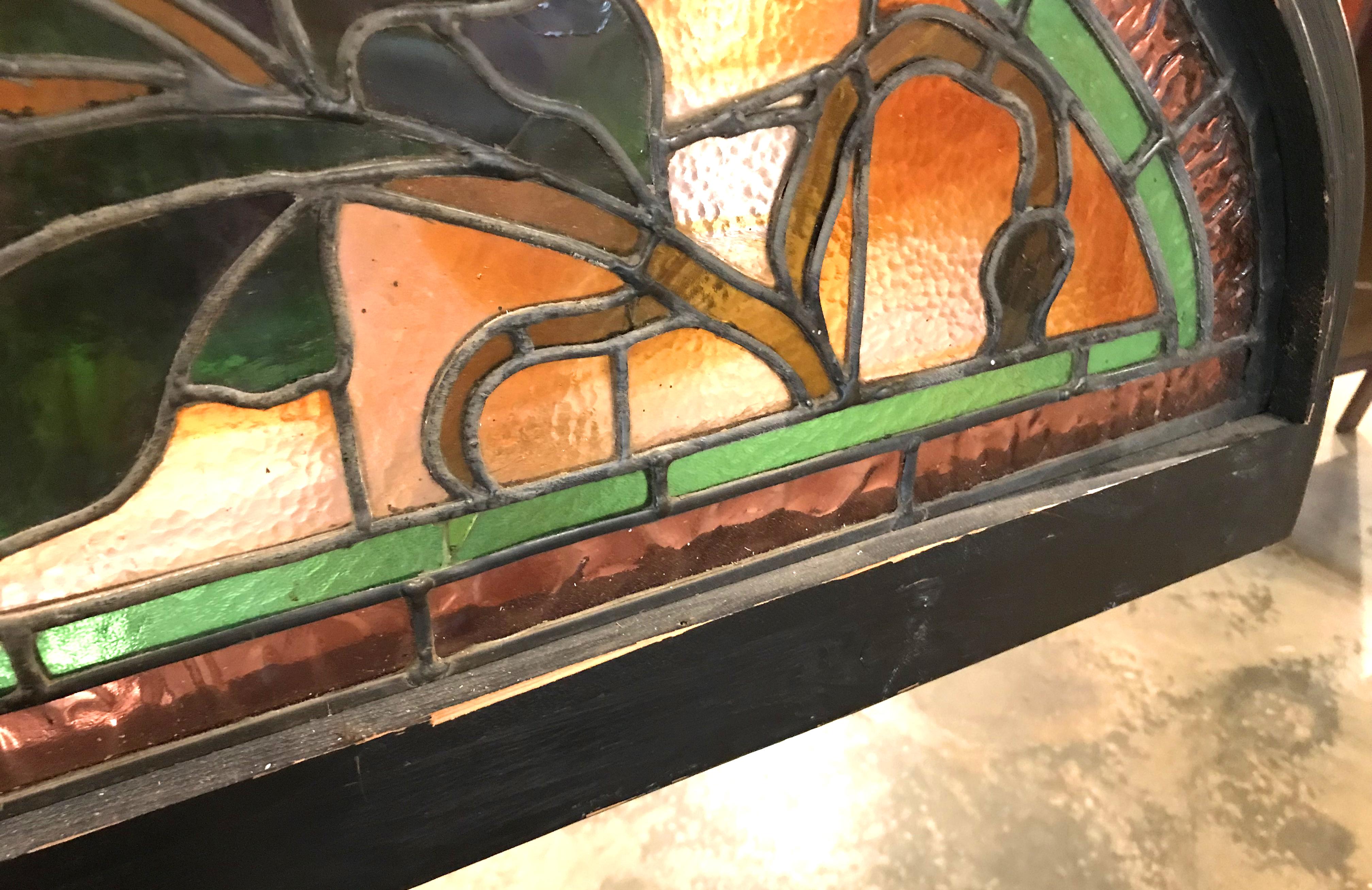 Aesthetic Period Arched Foliate Stained Glass Window or Transom Panel 1