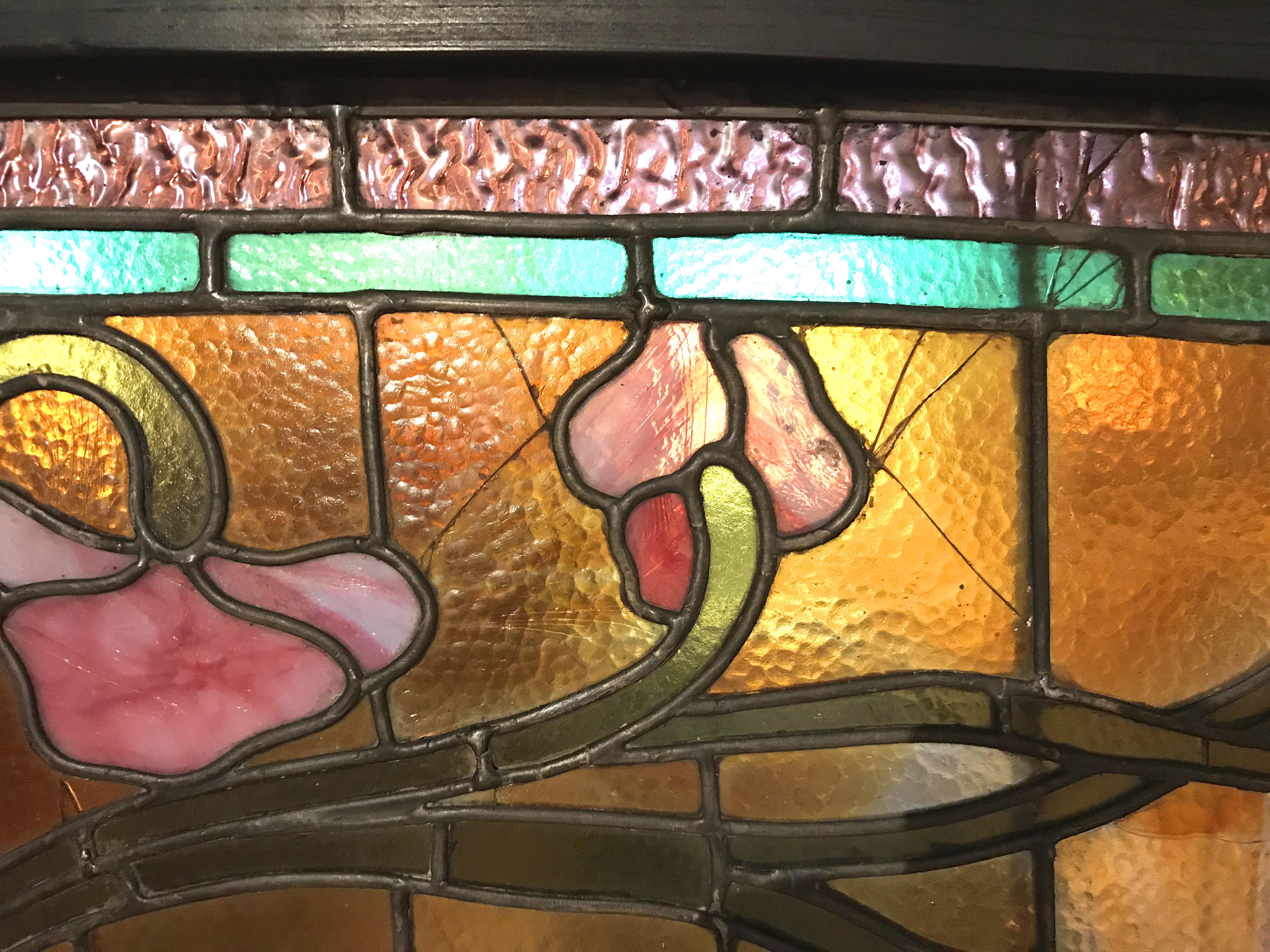 Aesthetic Movement Aesthetic Period Arched Foliate Stained Glass Window or Transom Panel