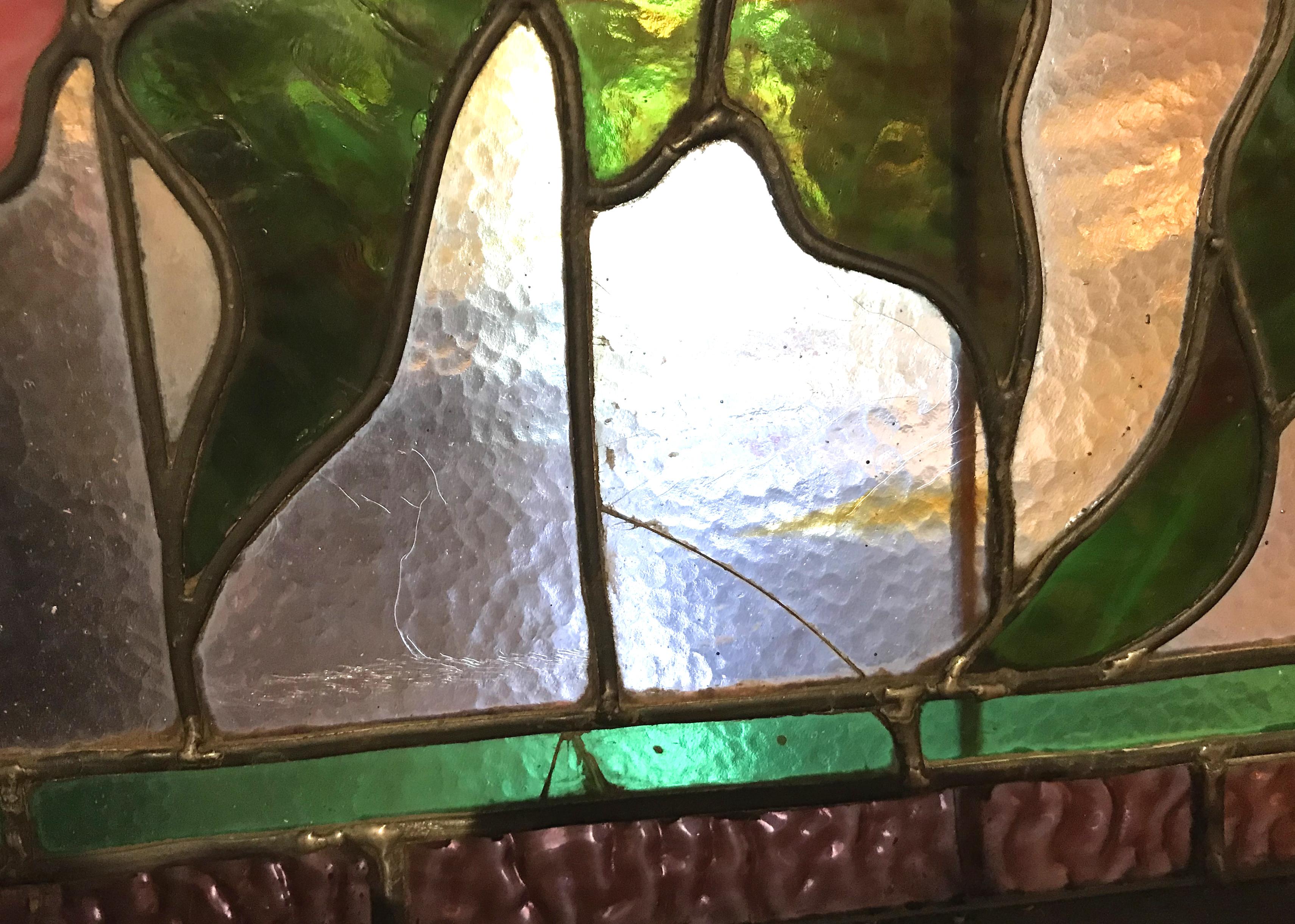 Aesthetic Period Arched Foliate Stained Glass Window or Transom Panel In Good Condition In Milford, NH