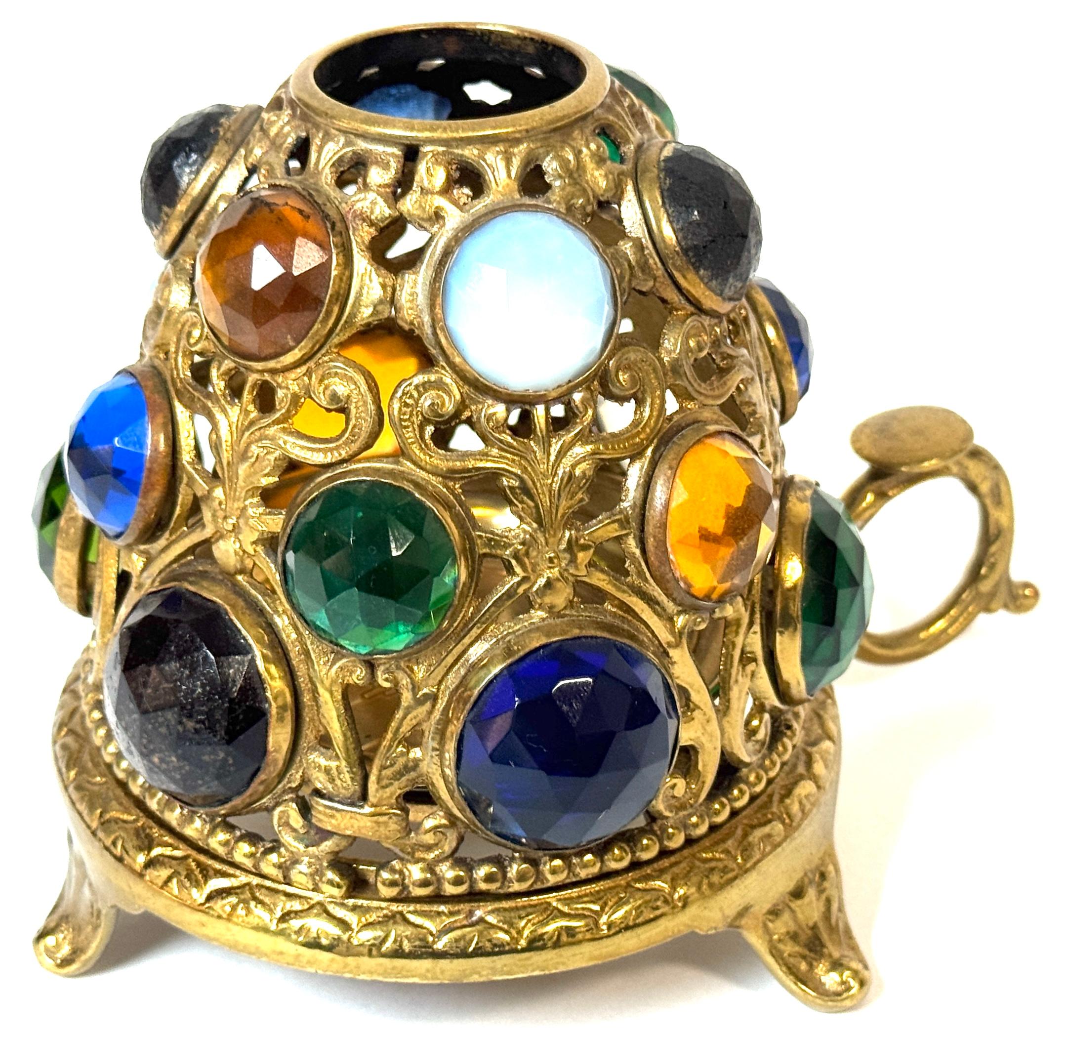 English Aesthetic Period Jeweled Brass Fairy Lamp Attributed to S. Clarke, England For Sale