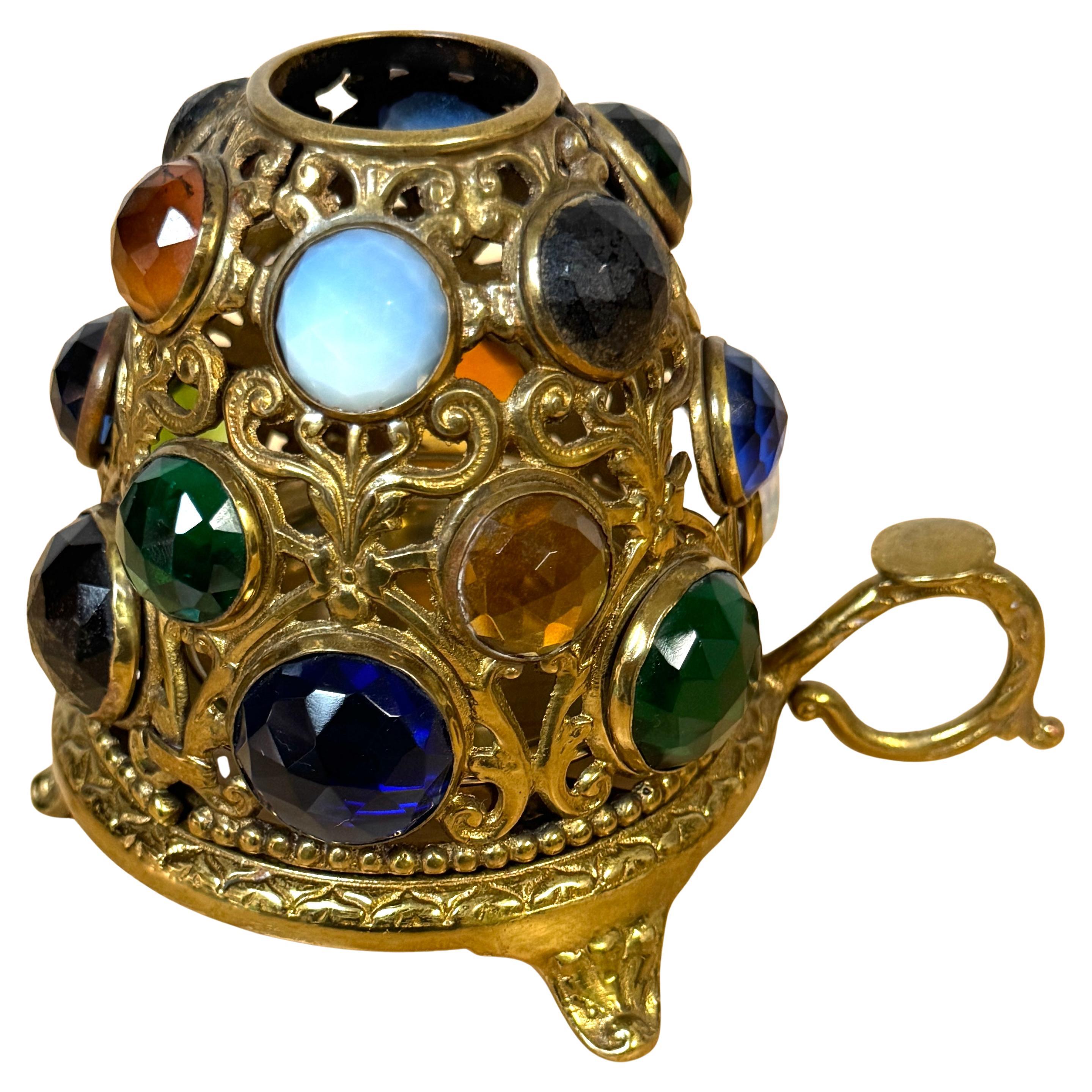 Aesthetic Period Jeweled Brass Fairy Lamp Attributed to S. Clarke, England For Sale