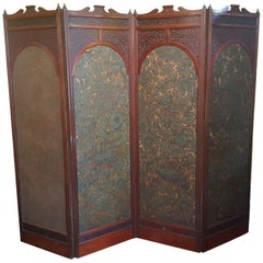 Antique Aesthetic Period Mahogany Framed 4 Fold Screen