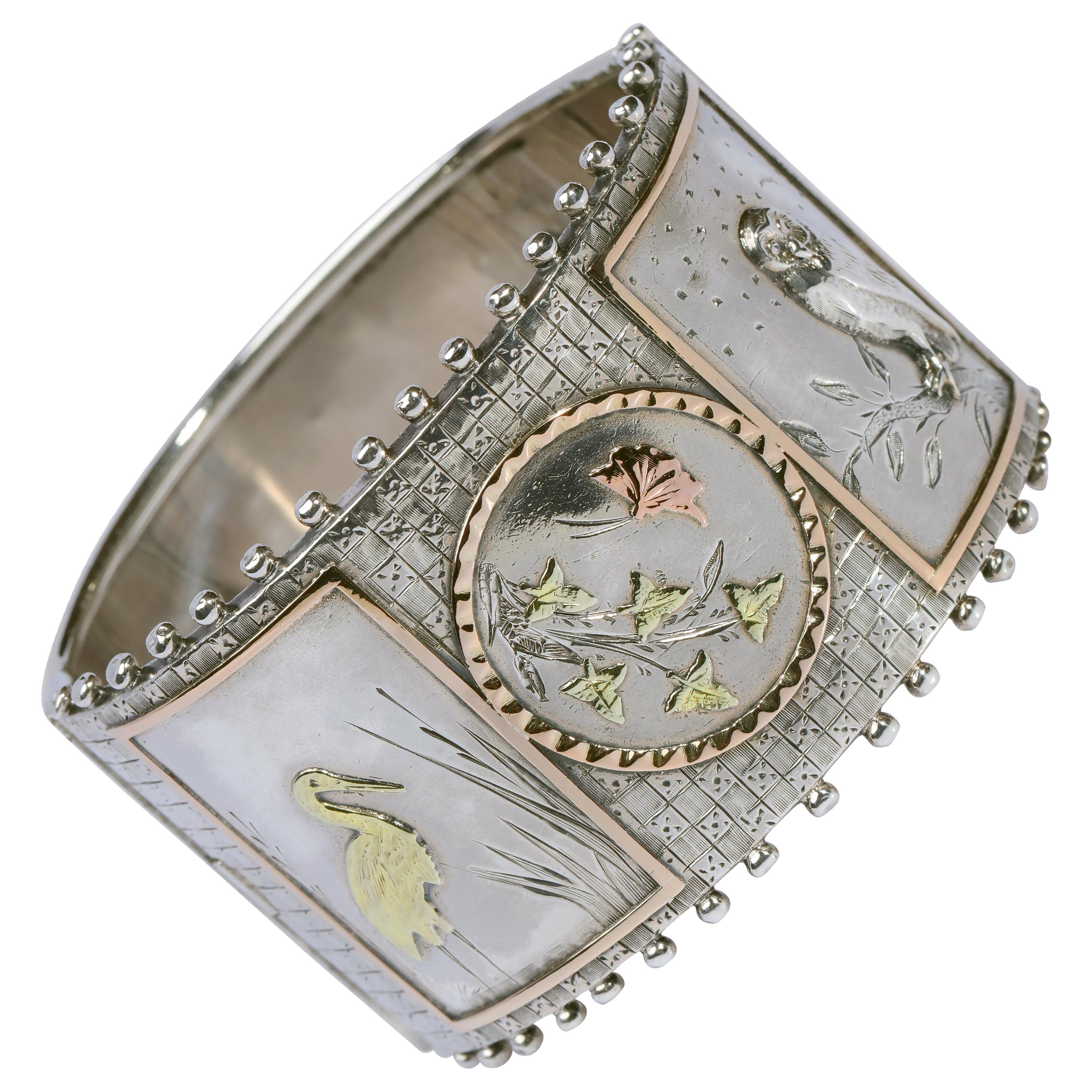 Aesthetic Period Silver and Gold Panel Cuff Bracelet Late Victorian