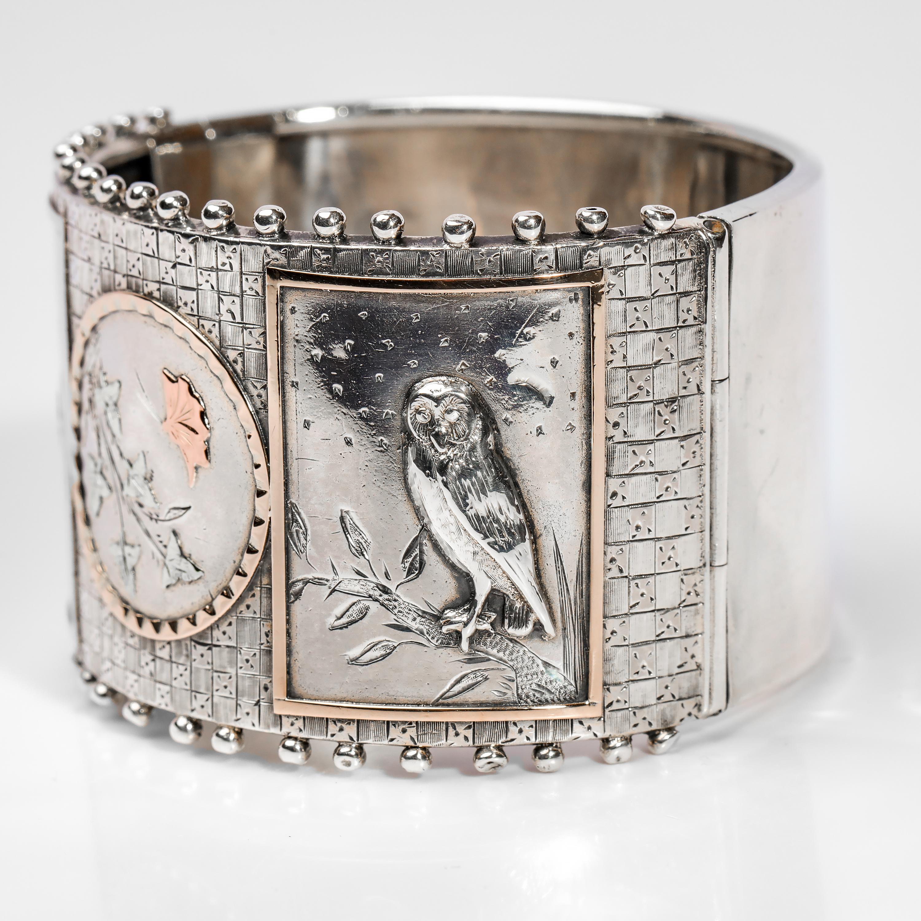 Aesthetic Period Silver and Gold Panel Cuff Bracelet Late Victorian In Excellent Condition In Southbury, CT