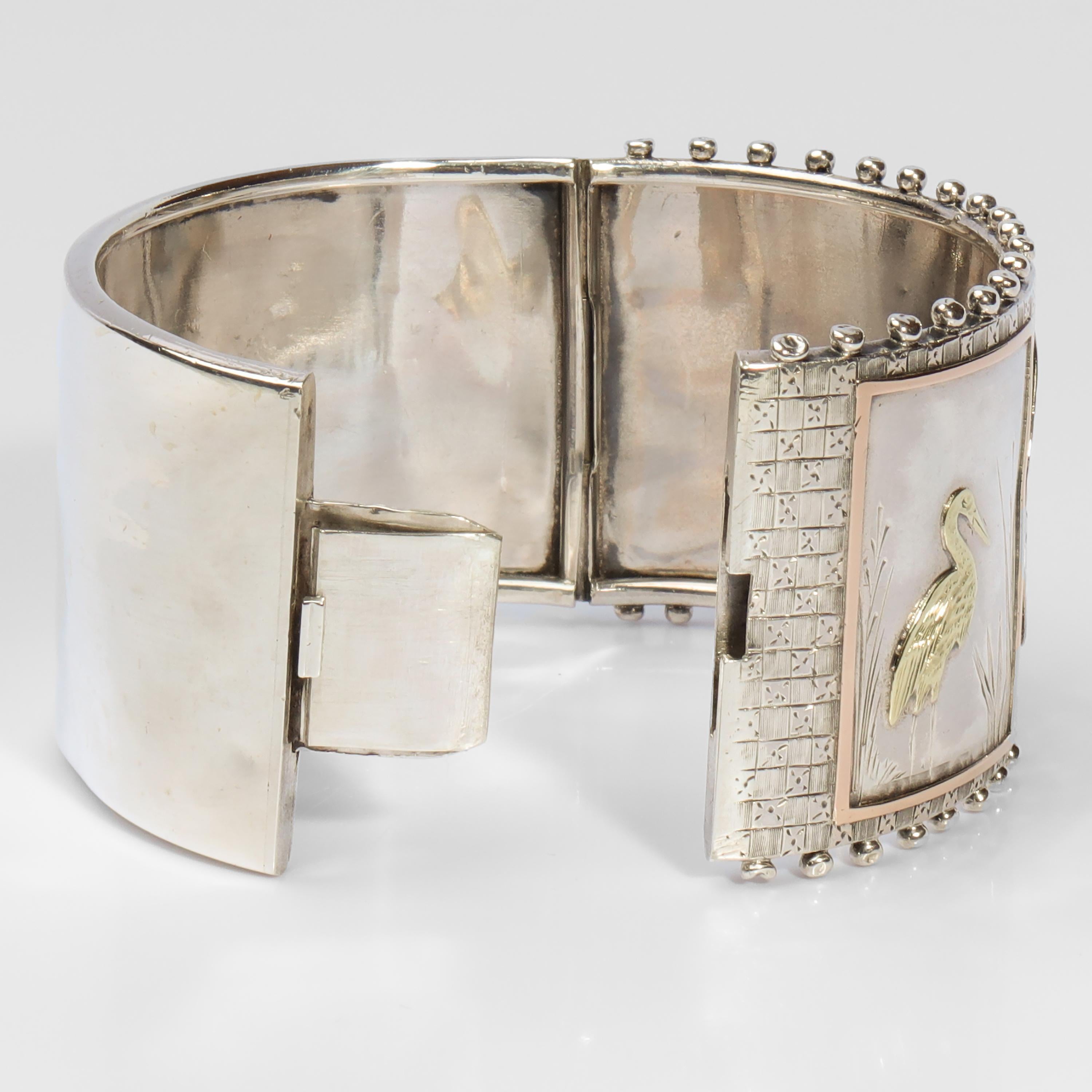 Women's Aesthetic Period Silver and Gold Panel Cuff Bracelet Late Victorian