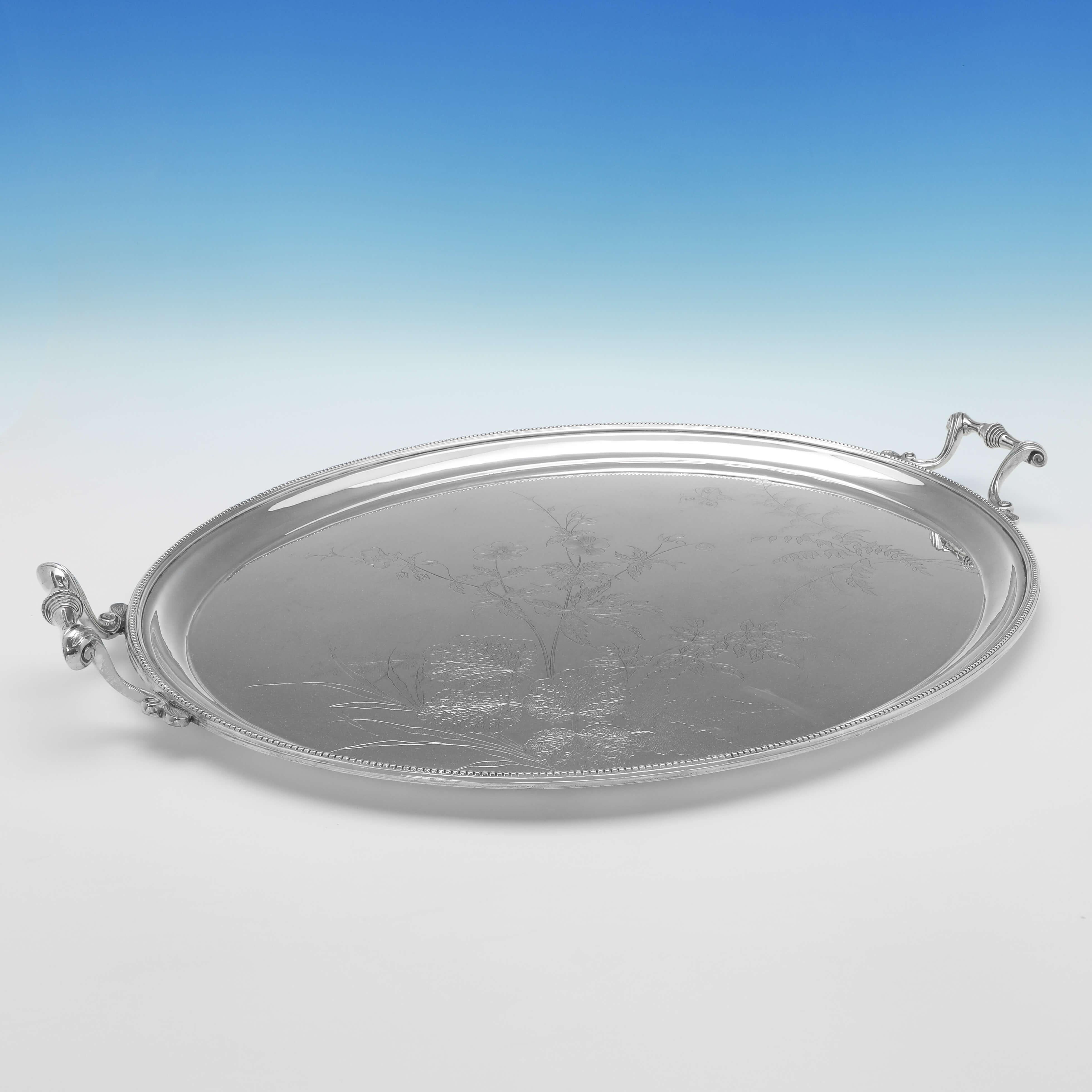 Made circa 1880, this stunning, Antique Silver Plated Tray, is in the Aesthetic design, with beautiful engraving to the centre. The tray measures 3