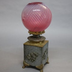 Aesthetic Silver & Gilt Metal Oil Lamp, Cranberry Swirl Glass Shade, circa 1870