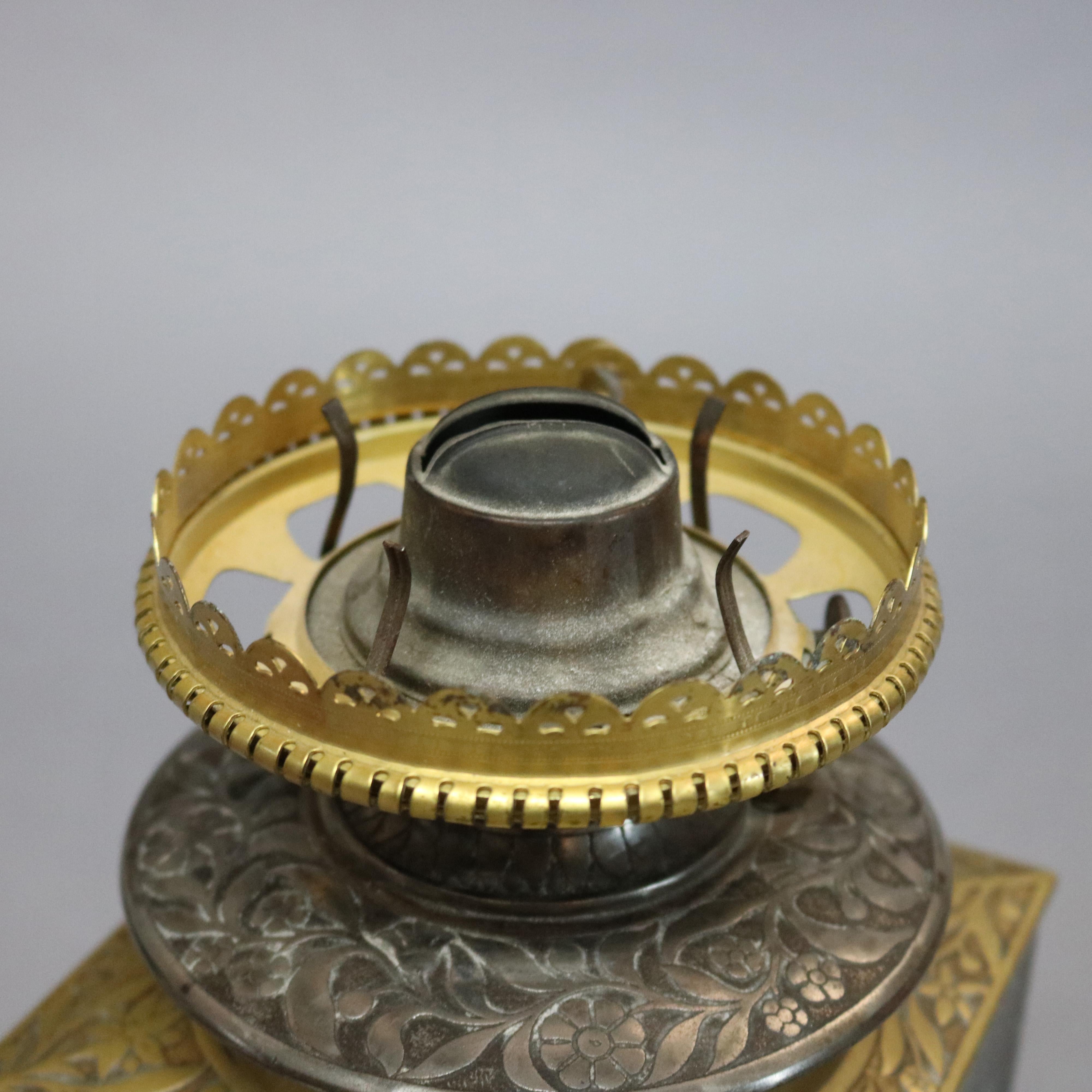 Aesthetic Silver & Gilt Metal Oil Lamp, Cranberry Swirl Glass Shade, circa 1870 In Good Condition In Big Flats, NY