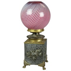Antique Aesthetic Silver & Gilt Metal Oil Lamp, Cranberry Swirl Glass Shade, circa 1870