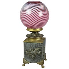 Aesthetic Silver & Gilt Metal Oil Lamp, Cranberry Swirl Glass Shade, circa 1870