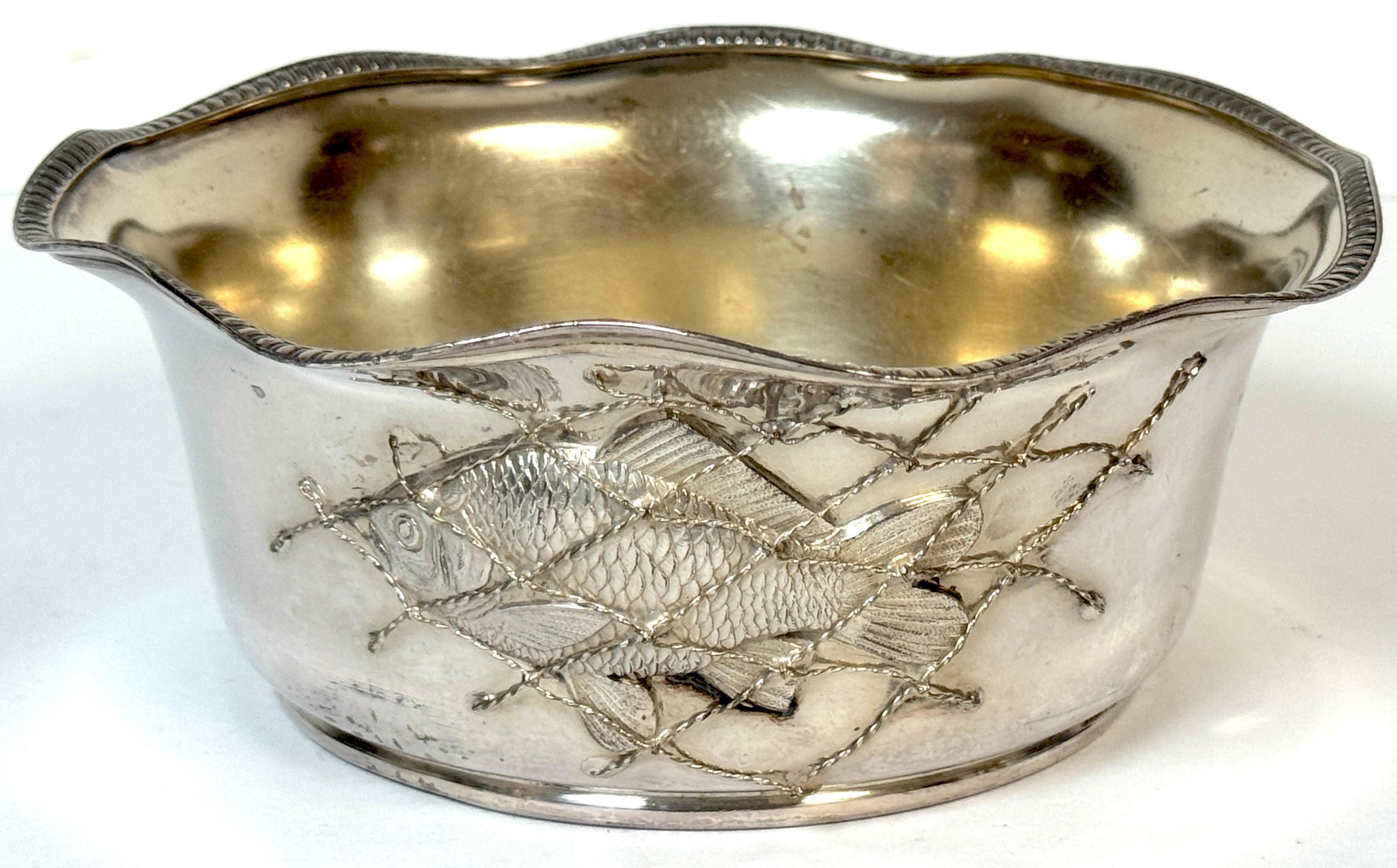 American Victorian Aesthetic Movement Silver-Plated Bowl or Jeroboam Wine Coaster with Fish & Net Motif
Hartford Silver Plate Company, Connecticut, circa 1880
Dimensions: 7” diameter x 3” high (5.5” inner diameter)

A striking and unusual example of