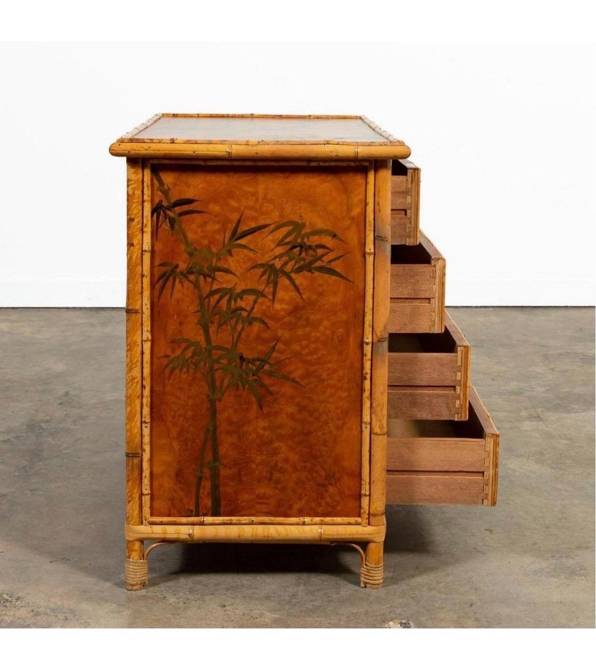 English or American, 20th century. Aesthetic movement-style bamboo four-drawer chest with Asian-style landscape scenes. Unmarked.