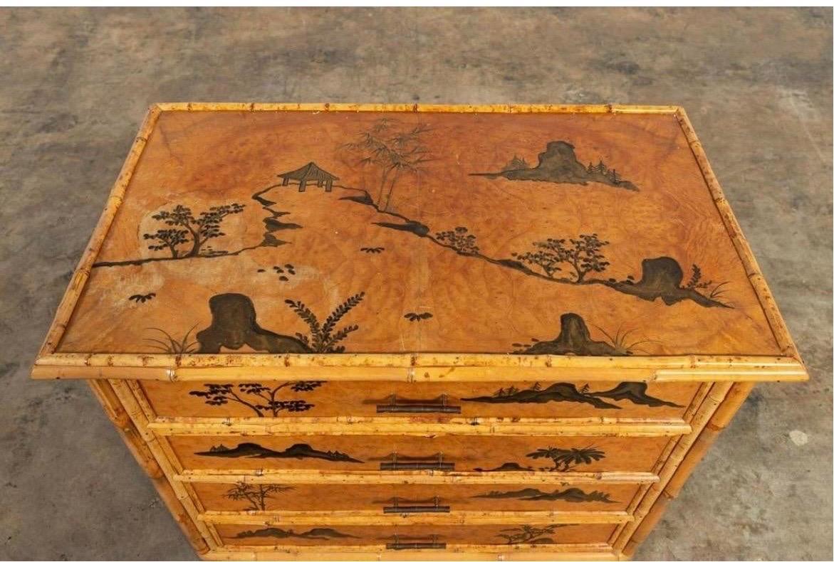 Aesthetic-Style Faux Bamboo 4 Drawer Chest with Chinoiserie Decoration 2