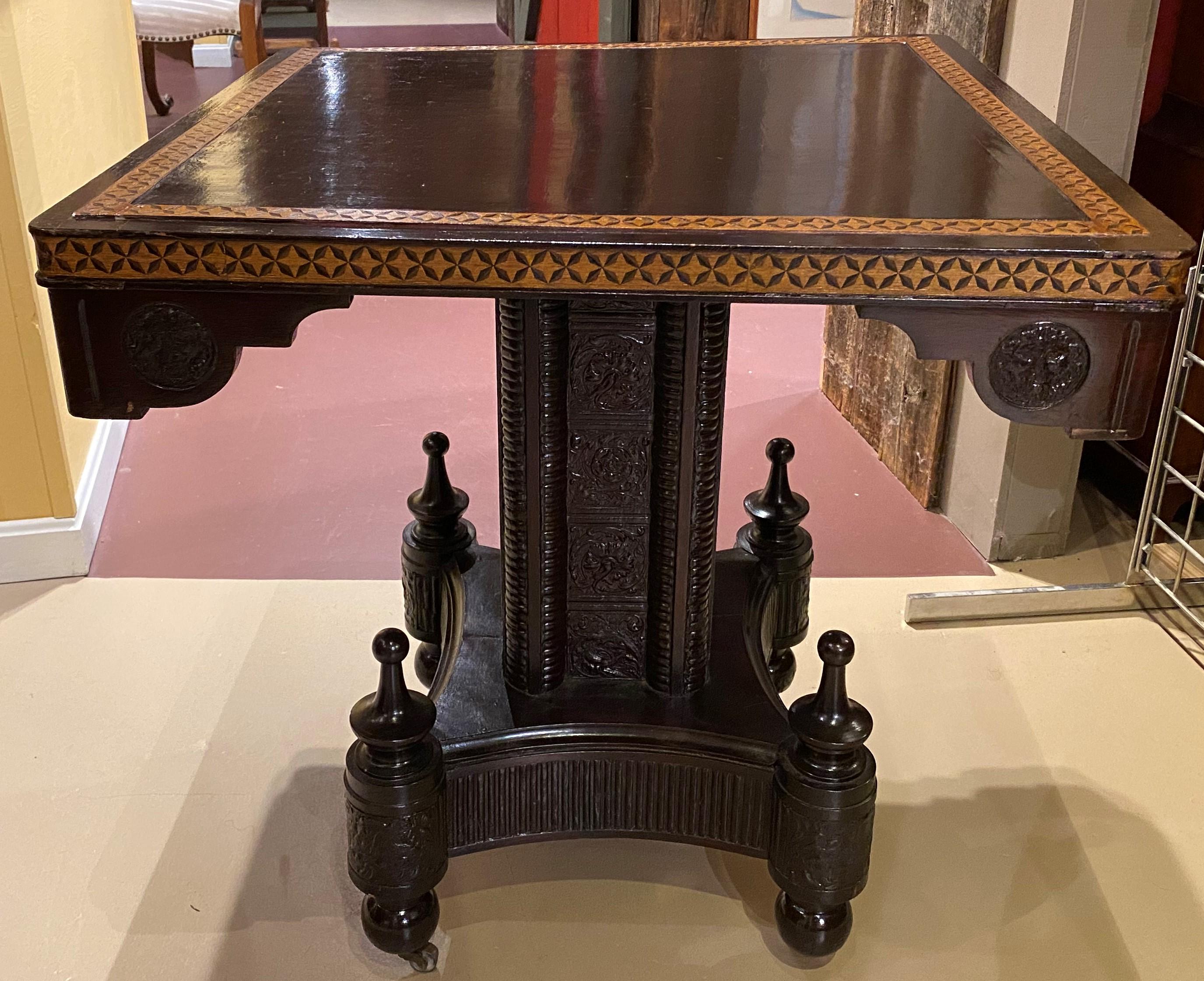 Hand-Carved Aesthetic Tilt Top Center or Gaming Table with Molded Leather Lined Pedestal For Sale