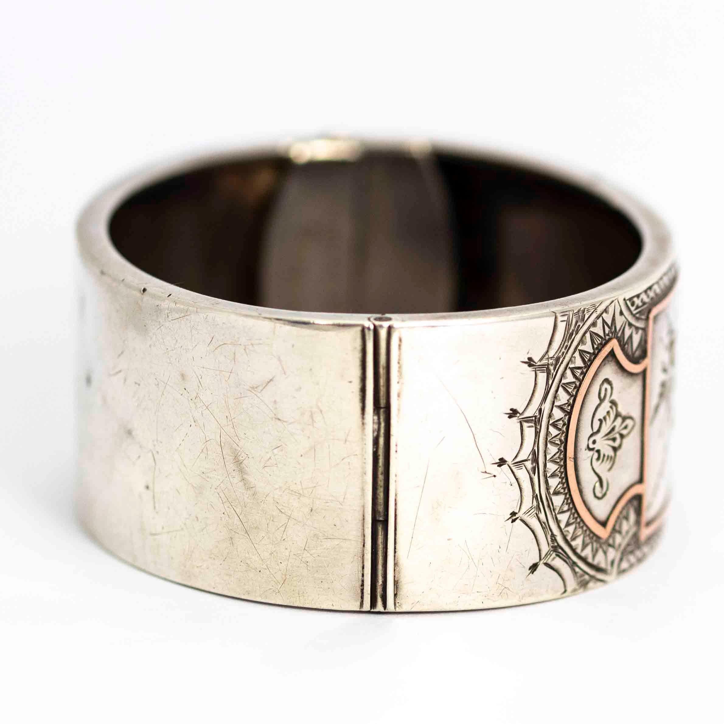 Aesthetic Movement Aesthetic Victorian Two-Tone Gold Overlay Ornate Silver Bangle For Sale