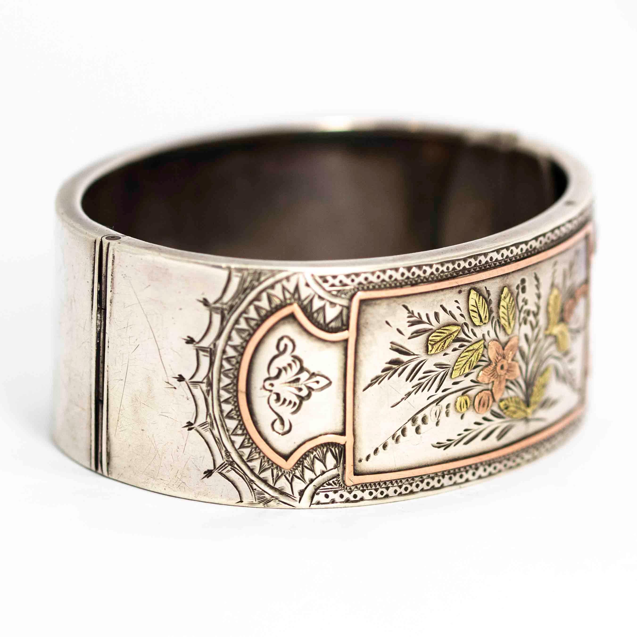 Aesthetic Victorian Two-Tone Gold Overlay Ornate Silver Bangle In Fair Condition For Sale In Chipping Campden, GB