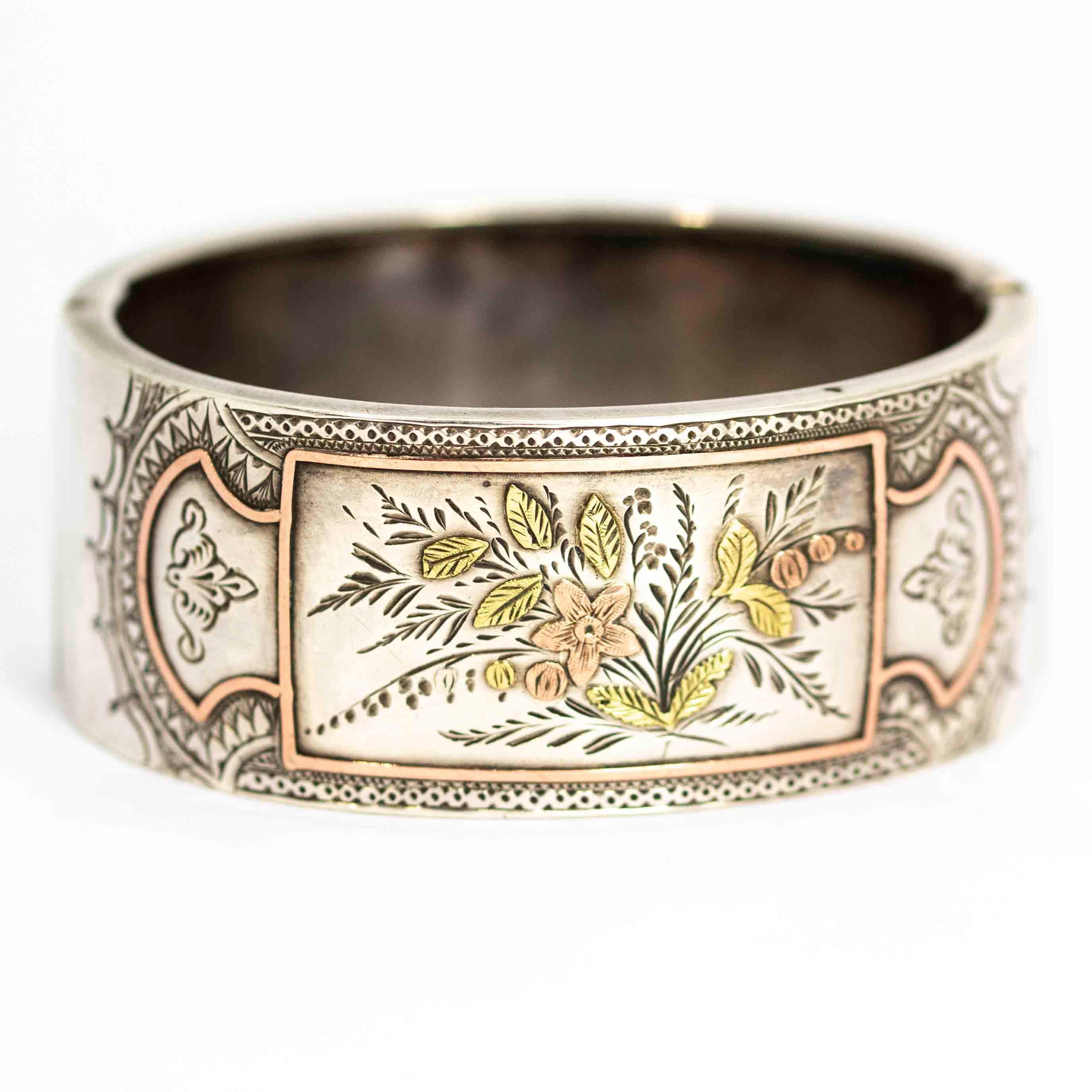 Women's or Men's Aesthetic Victorian Two-Tone Gold Overlay Ornate Silver Bangle For Sale