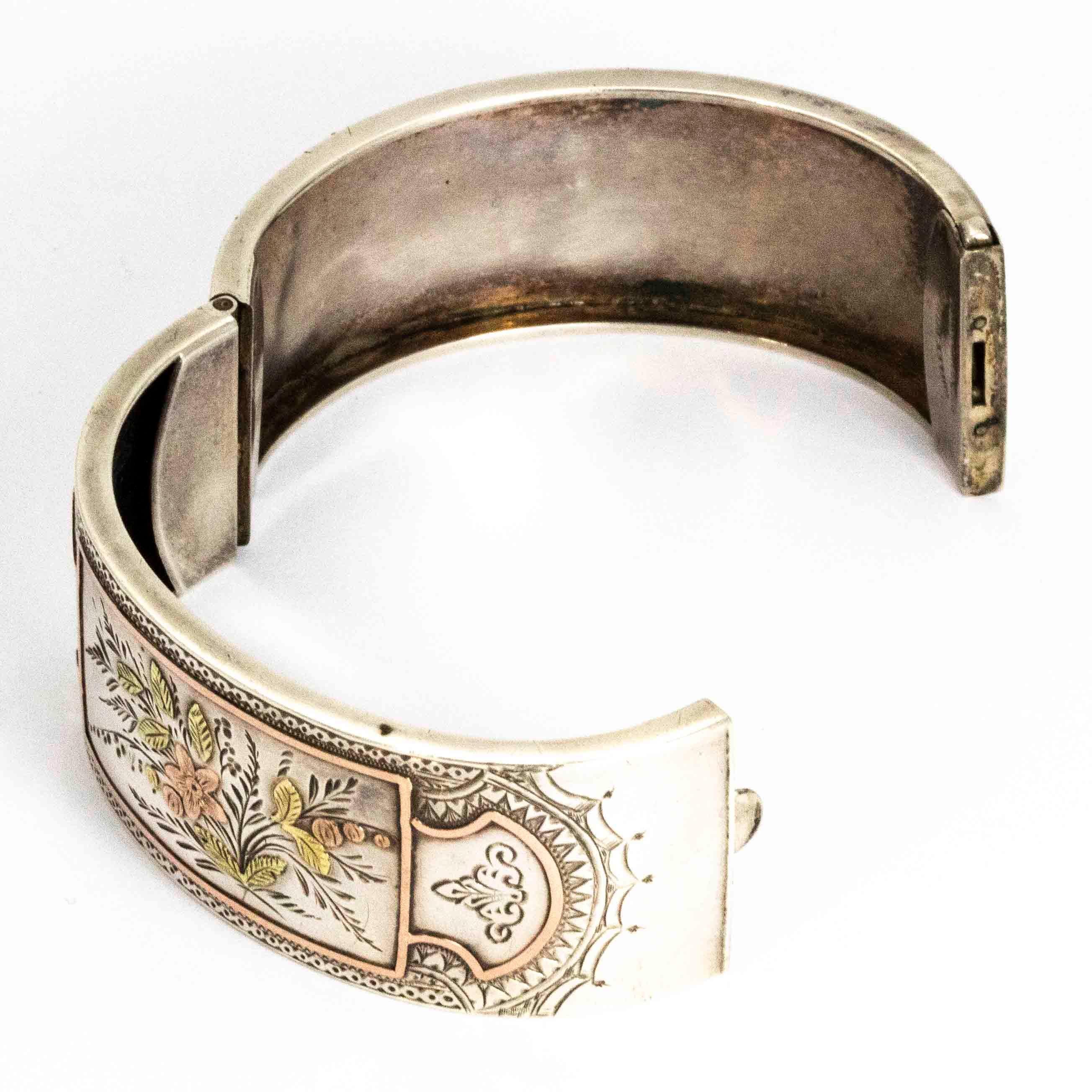 Aesthetic Victorian Two-Tone Gold Overlay Ornate Silver Bangle For Sale 1