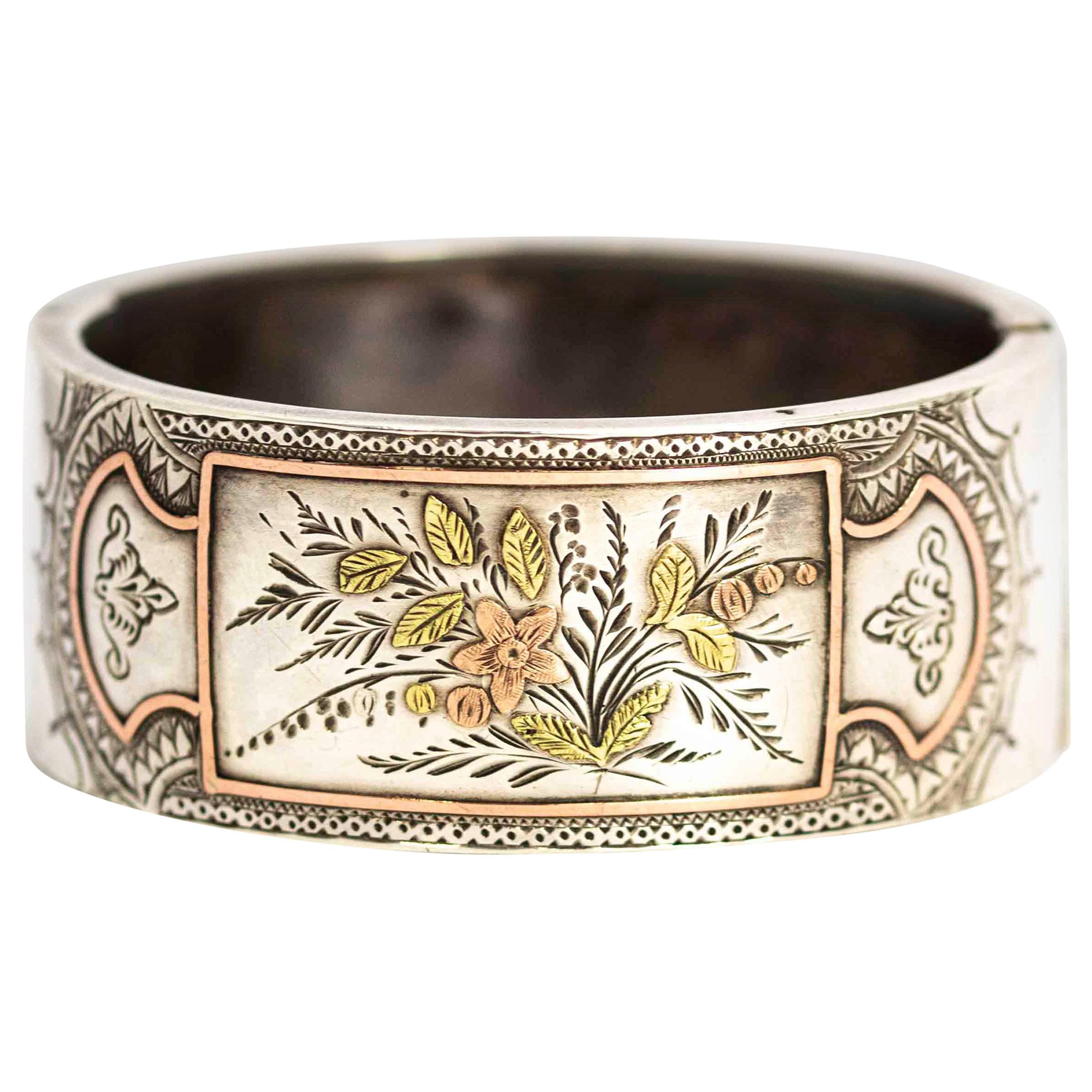 Aesthetic Victorian Two-Tone Gold Overlay Ornate Silver Bangle For Sale