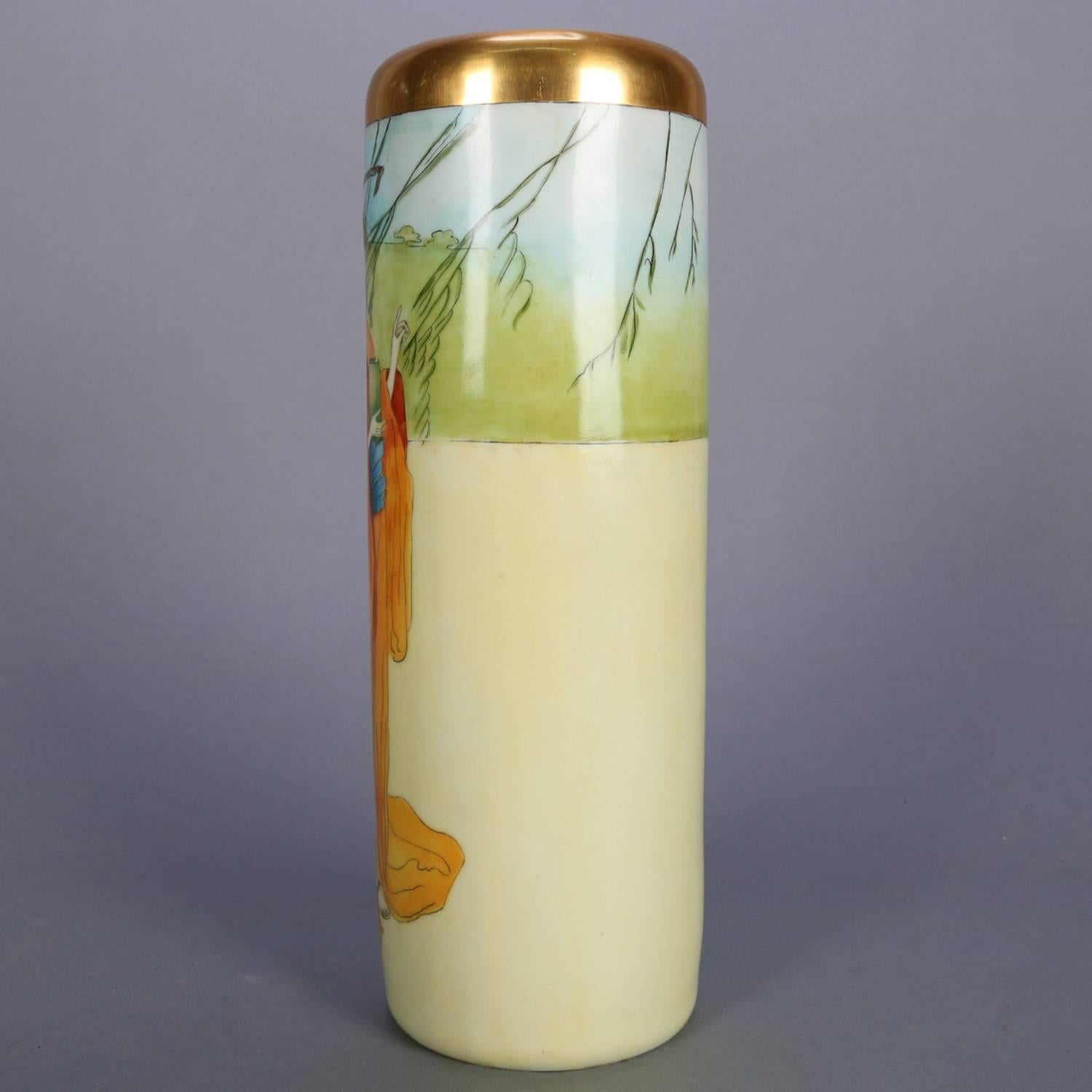 Aesthetic and Japanesque Vienna Austrian porcelain portrait vase features cylindrical form with hand-painted full length portrait of Japanese woman in kimono, gilt highlights, elements of Arts & Crafts era, 20th century

Measures - 12.5