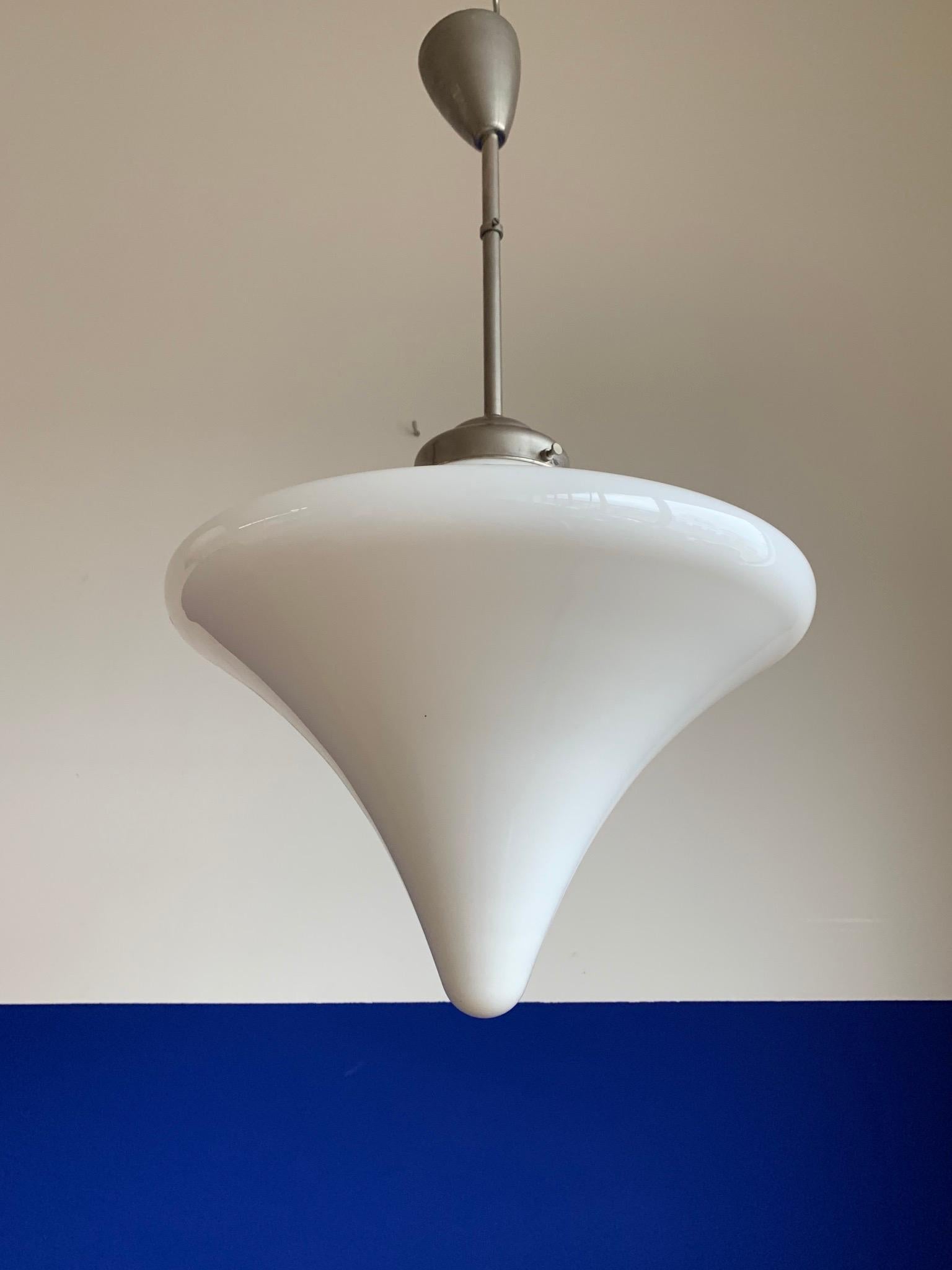 Aesthetically Perfect 1920s Art Deco Opaline Glass Pendant Light with Metal Rod For Sale 1