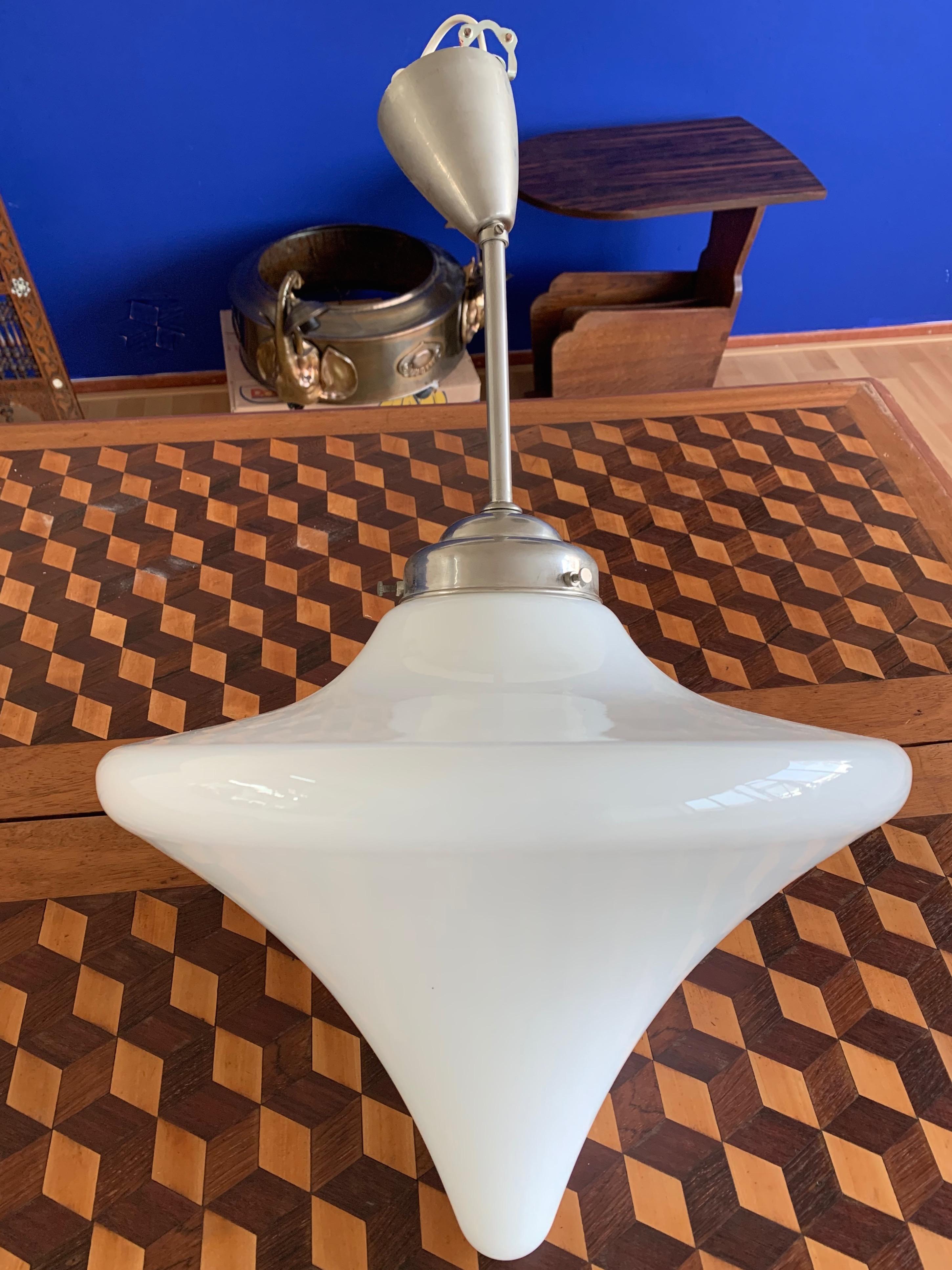 Aesthetically Perfect 1920s Art Deco Opaline Glass Pendant Light with Metal Rod For Sale 6