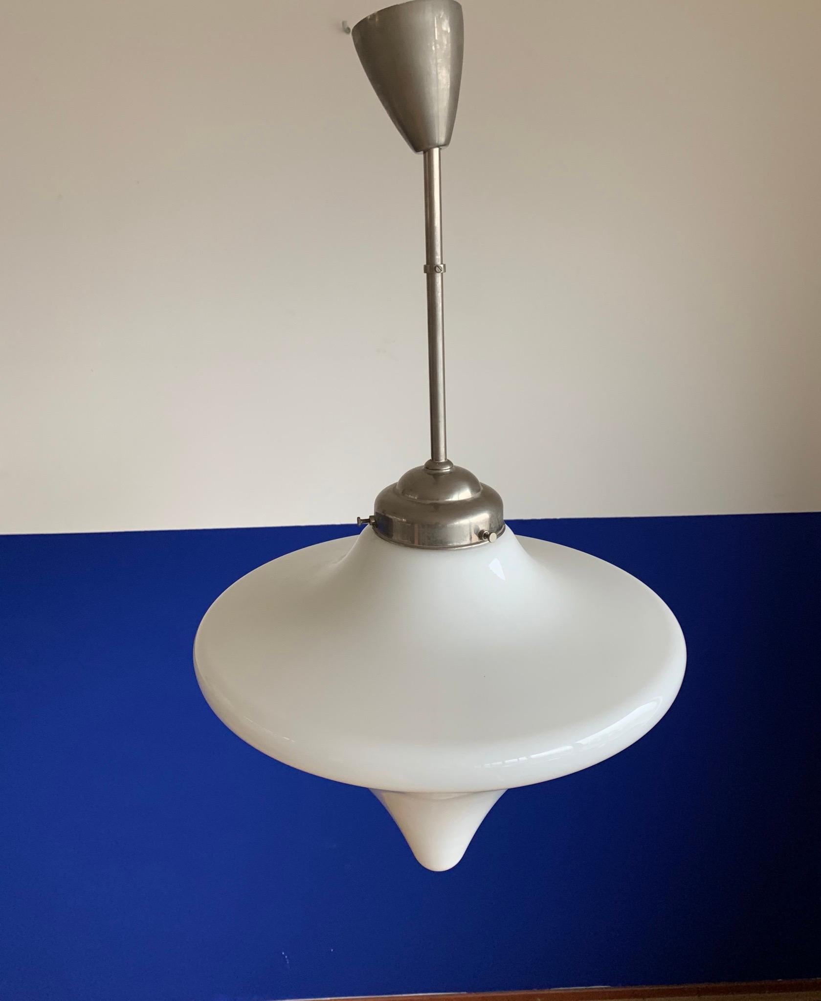 Aesthetically Perfect 1920s Art Deco Opaline Glass Pendant Light with Metal Rod For Sale 2
