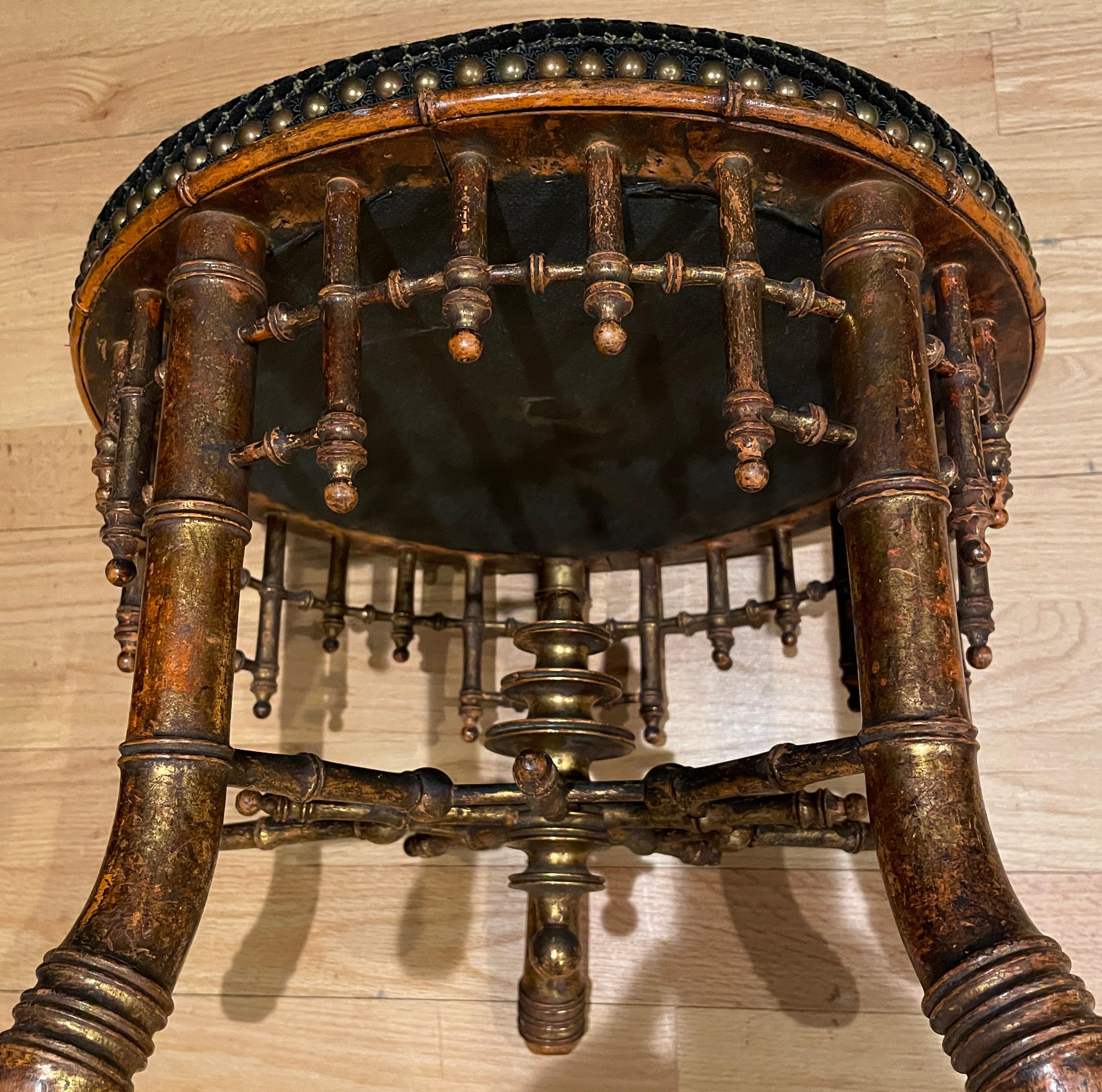 Hand-Carved Aesthetics Movement Antique Faux Bamboo Stool For Sale