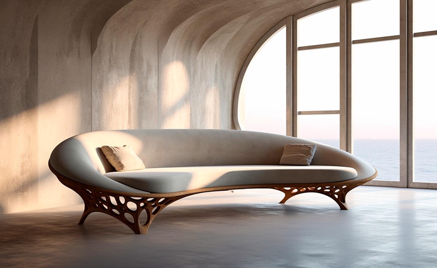 Redefine la elegancia con el Sofá Curvo Aether: una fusión perfecta de arte orgánico y sofisticación moderna. Inspirada en las formas fluidas de la naturaleza, esta obra maestra presenta una base escultórica adornada con delicados detalles fractales