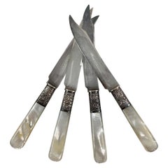 Aetna Works Mother of Pearl and Sterling Silver Collar Fruit Knives, Set of Four