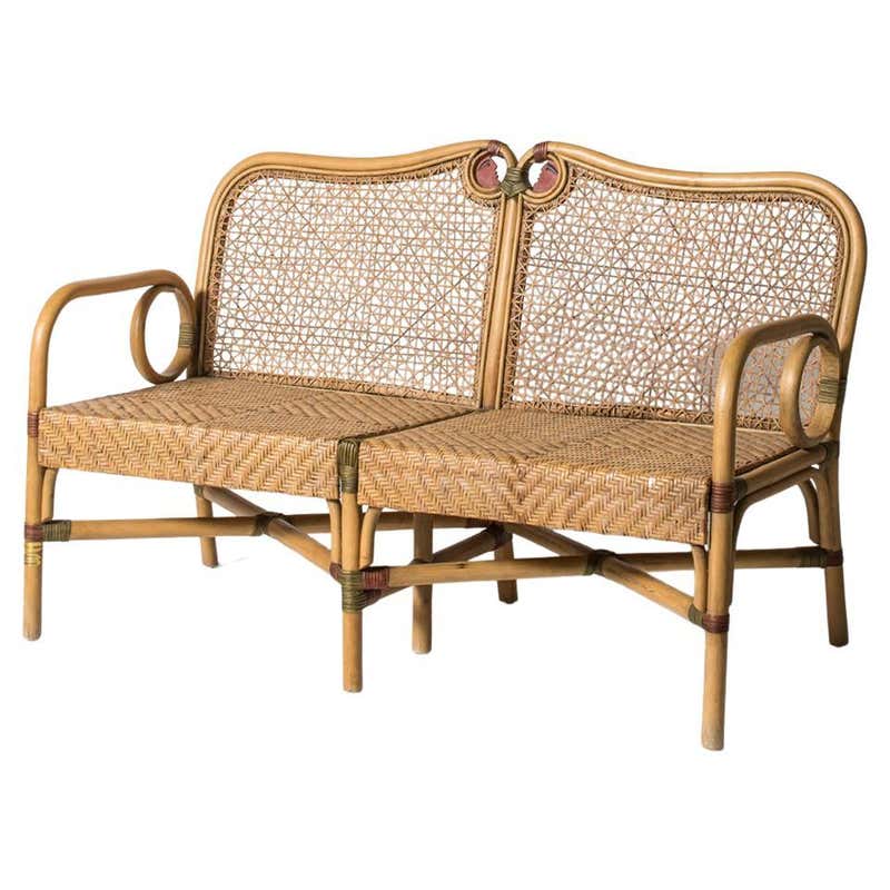 Vintage French Rattan Bench at 1stDibs | vintage rattan bench, rattan ...