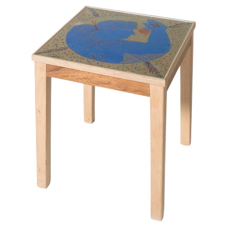 Wooden Side Table with Drawing by Alekos Fassianos For Sale